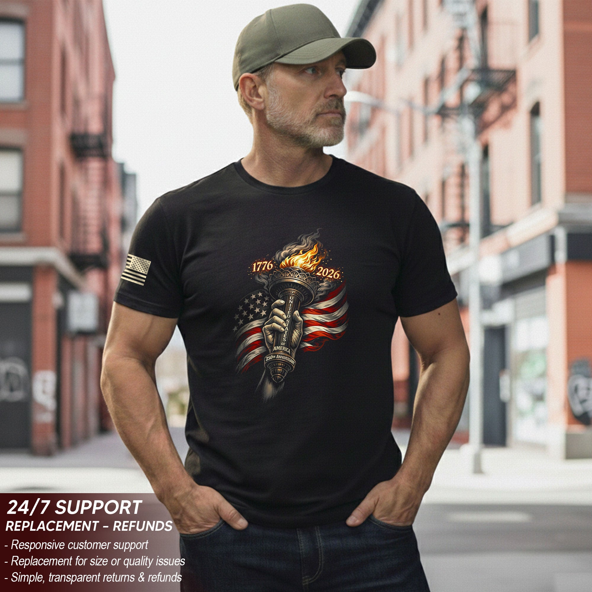 1776-2026 250th Anniversary Patriotic T-Shirt – Statue of Liberty Torch & USA Flag Freedom Tee