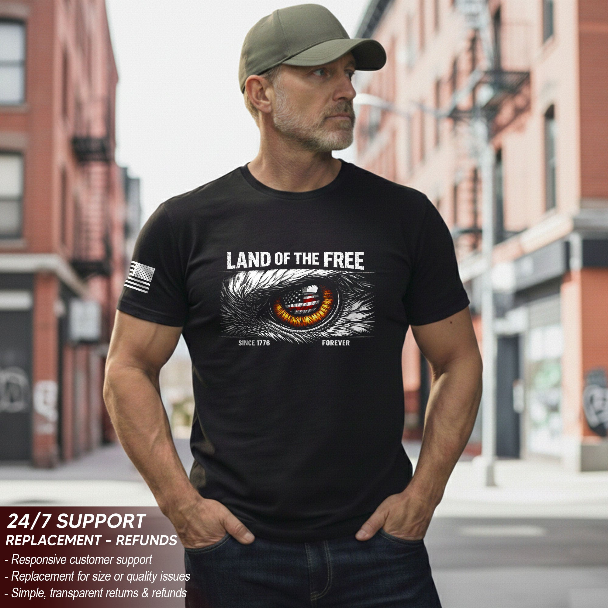 250 Years of Freedom 1776-2026 Patriotic T-Shirt – Eagle Eye & American Flag USA Mens Shirt