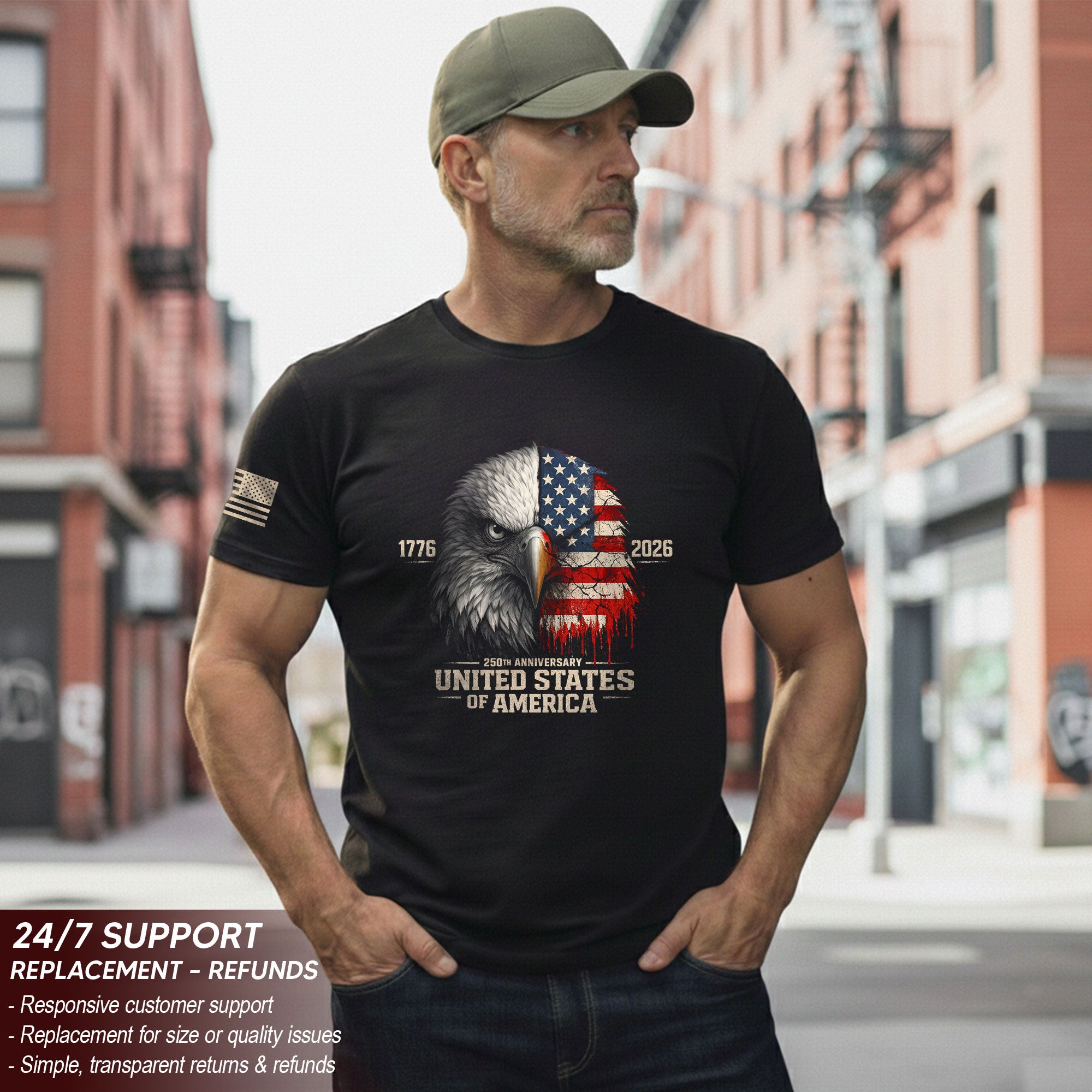 United States 250th Anniversary 1776-2026 T-Shirt – USA Flag & Eagle Distressed 250 Years Patriotic Tee