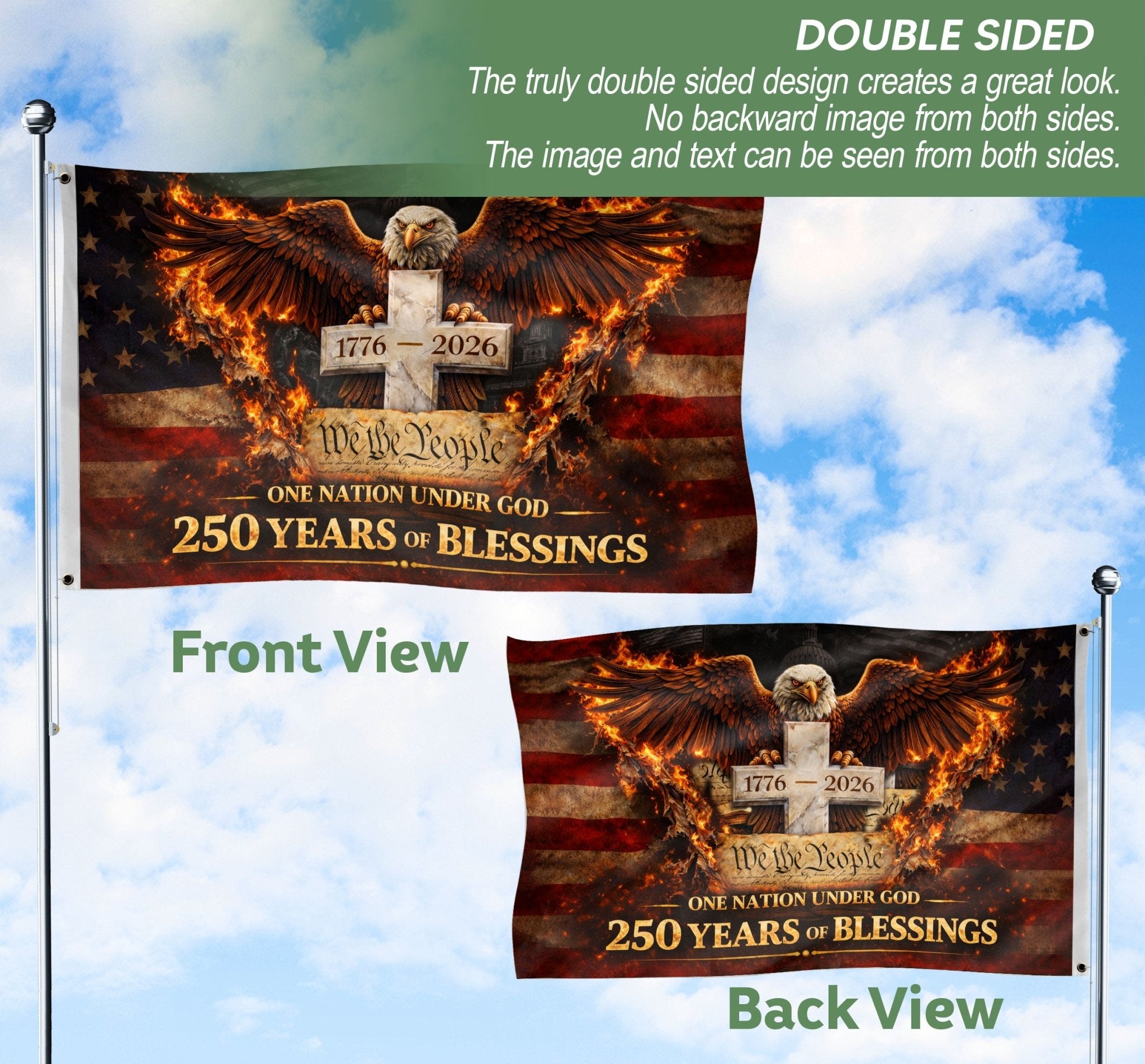 One Nation Under God 250 Years Flag 1776–2026 – Eagle & Cross Christian Double Sided USA House Flag - Rust Field Wear