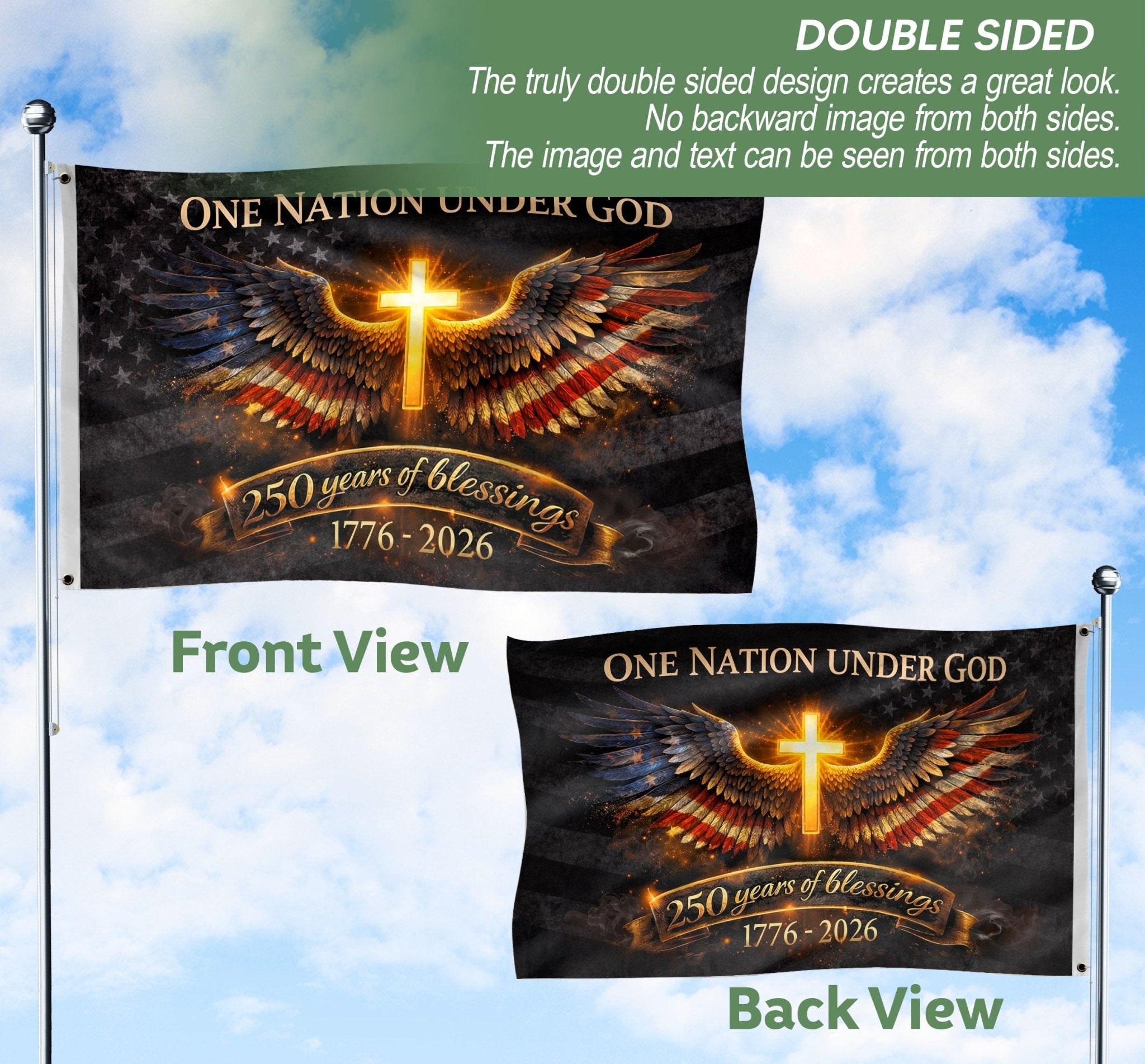 USA 250th Anniversary Cross Flag 1776–2026 – Glowing Cross & Angel Wings Double Sided Christian Banner - Rust Field Wear