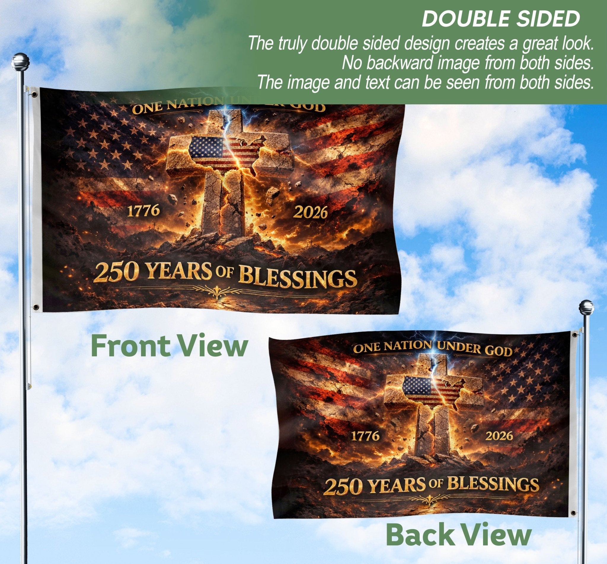 Faith And Freedom 250 Years Christian Flag 1776–2026 – Stone Cross USA Map Double Sided Religious Banner - Rust Field Wear
