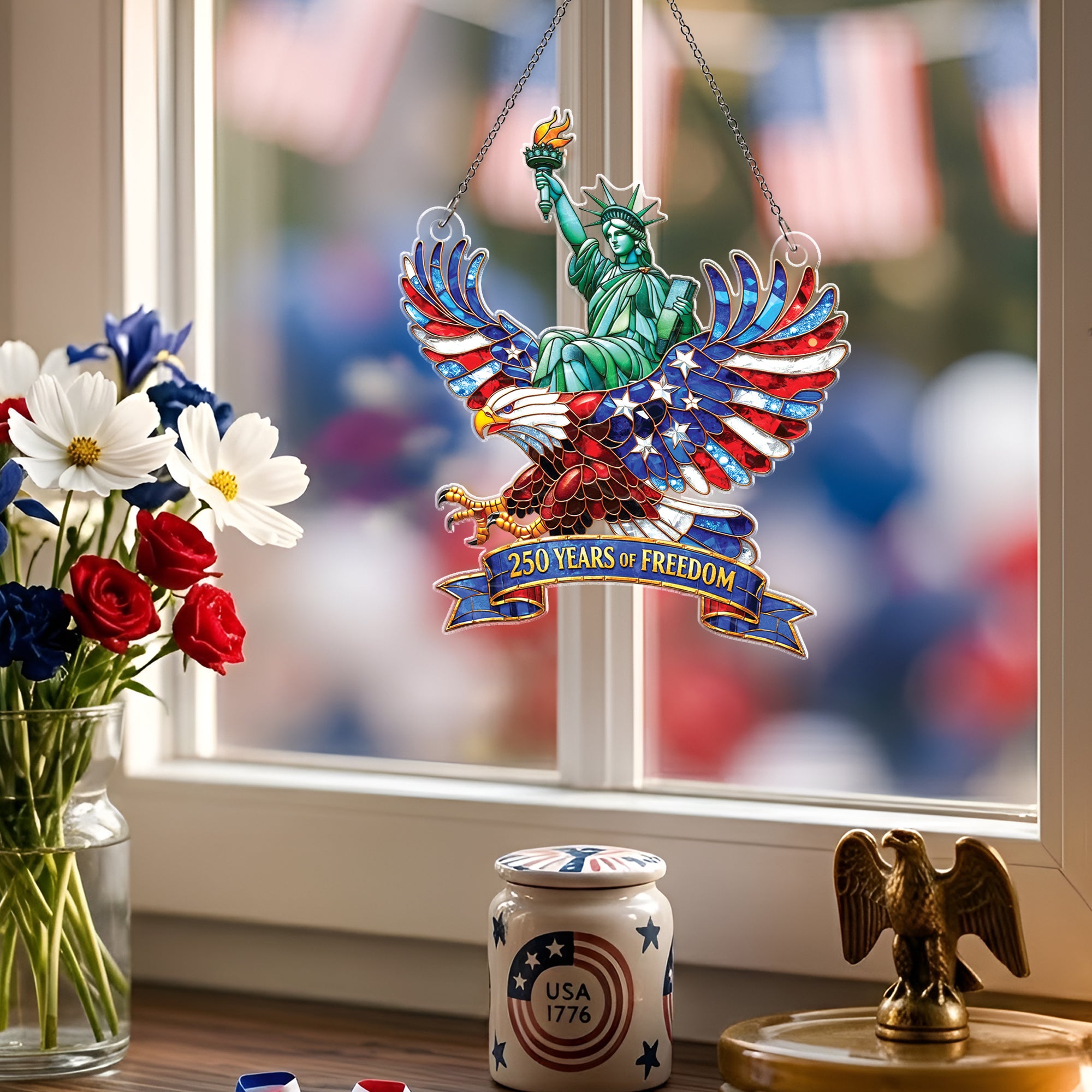 United States 250 Years of Freedom Liberty Eagle Stained Glass Style Acrylic Suncatcher Ornament
