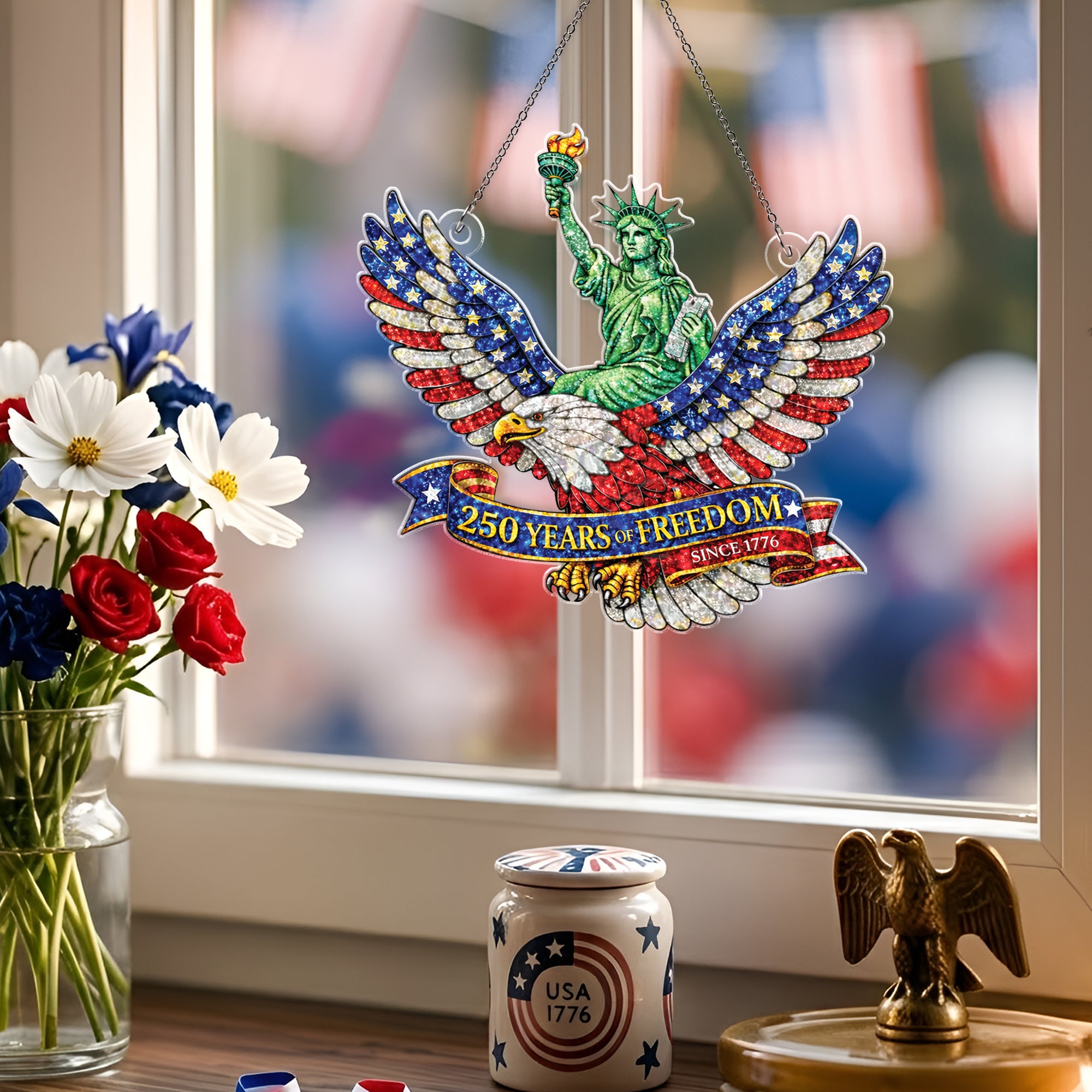 America 250th Anniversary Glitter Eagle Statue of Liberty Patriotic Acrylic Suncatcher Ornament
