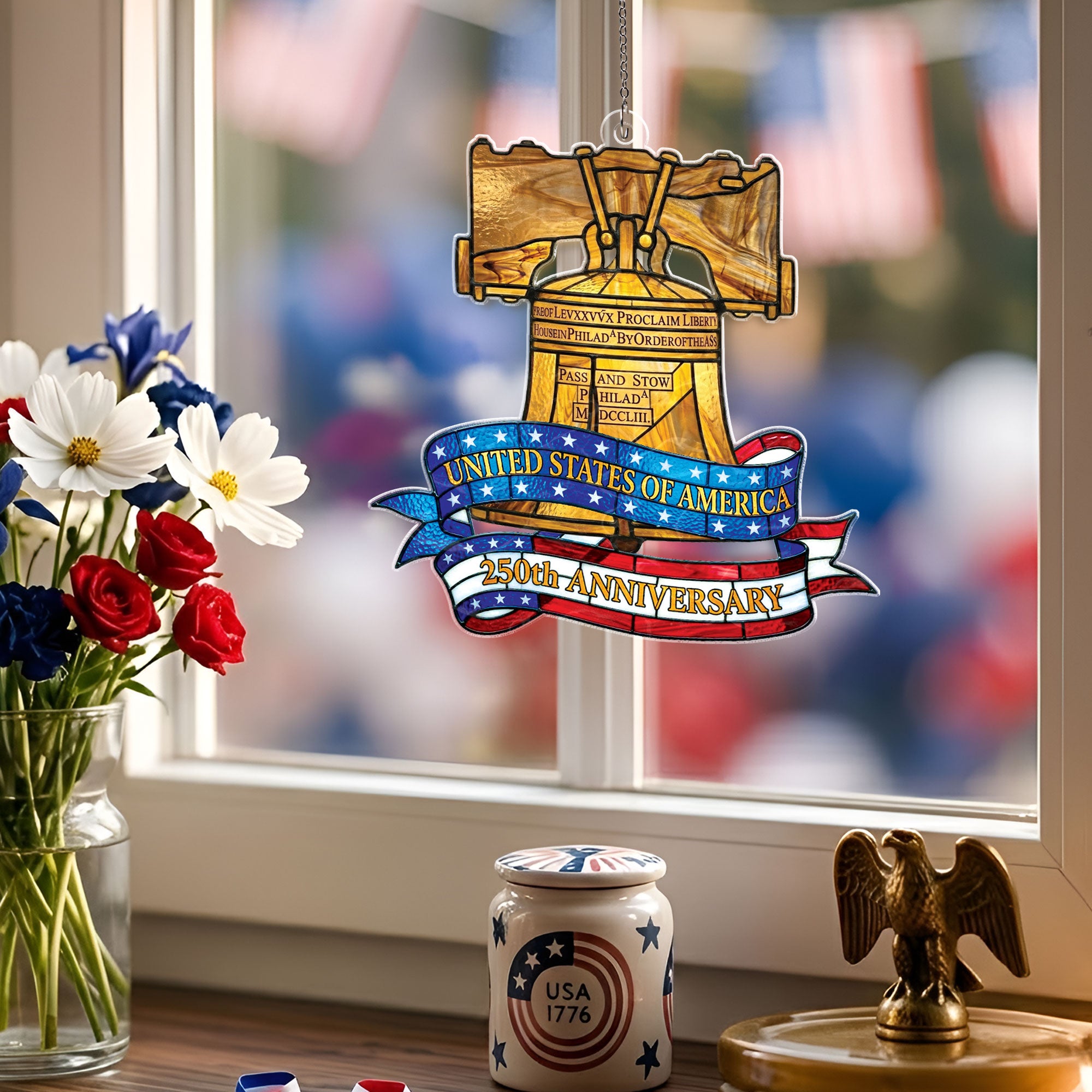 US 250th Anniversary Philadelphia Liberty Bell Heritage Stained Glass Acrylic Suncatcher Ornament