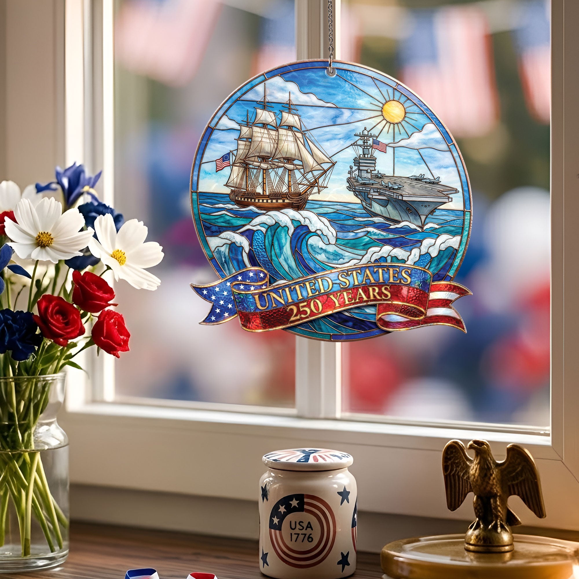 United States 250 Years Naval History Ship and Aircraft Carrier Acrylic Suncatcher Ornament