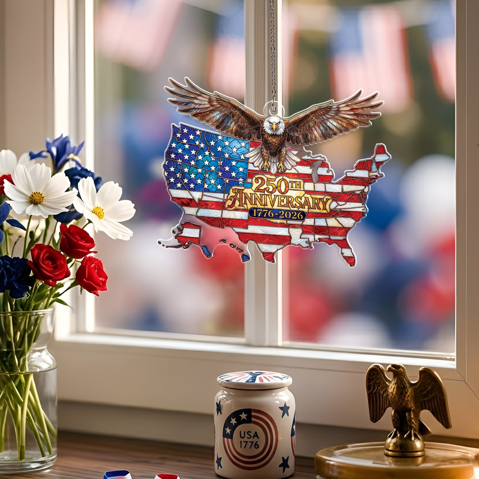 America 250th Anniversary 1776-2026 USA Map and Bald Eagle Acrylic Suncatcher Ornament