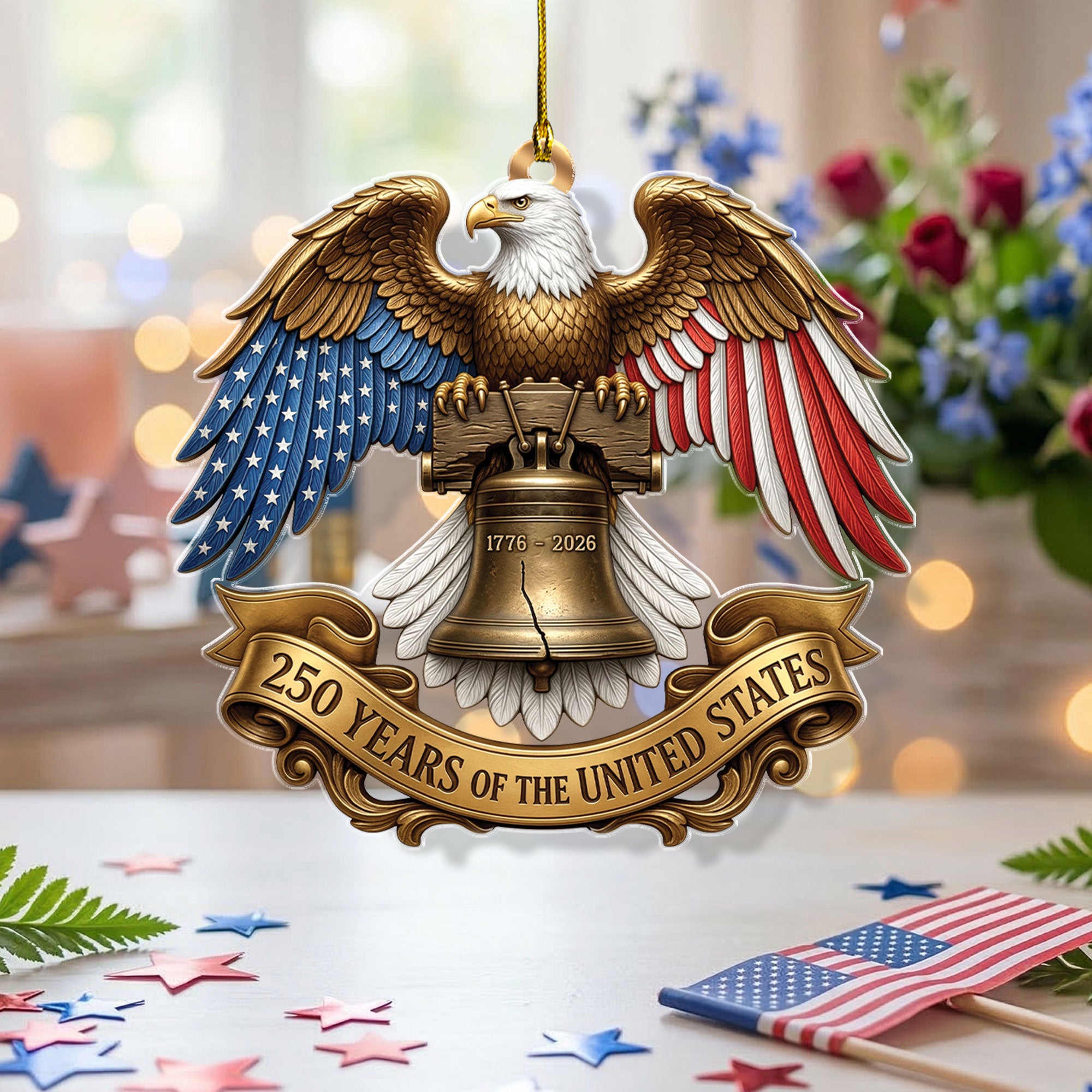 250 Years United States 1776-2026 Golden Ribbon Liberty Bell Eagle Acrylic Ornament