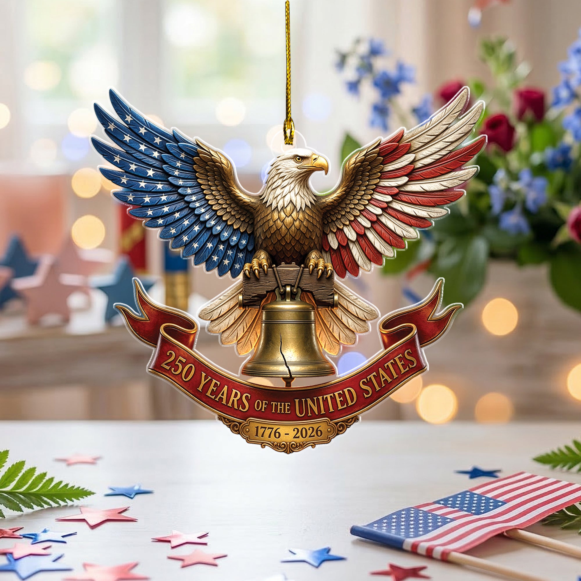 United States 250 Years 1776-2026 Patriotic Red Ribbon Liberty Bell Acrylic Ornament