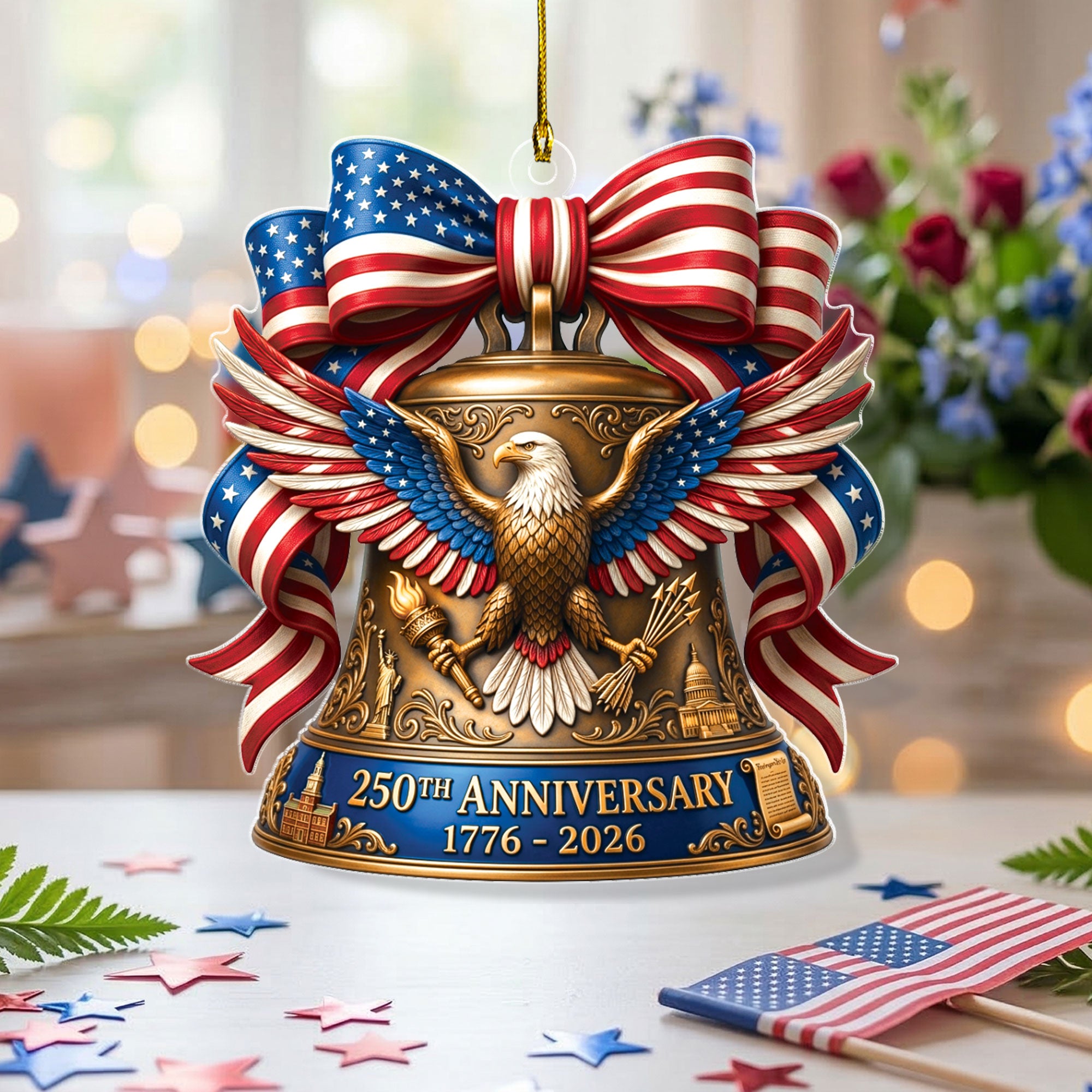 United States 250th Anniversary 1776-2026 Red White Blue Bow Acrylic Ornament Keepsake