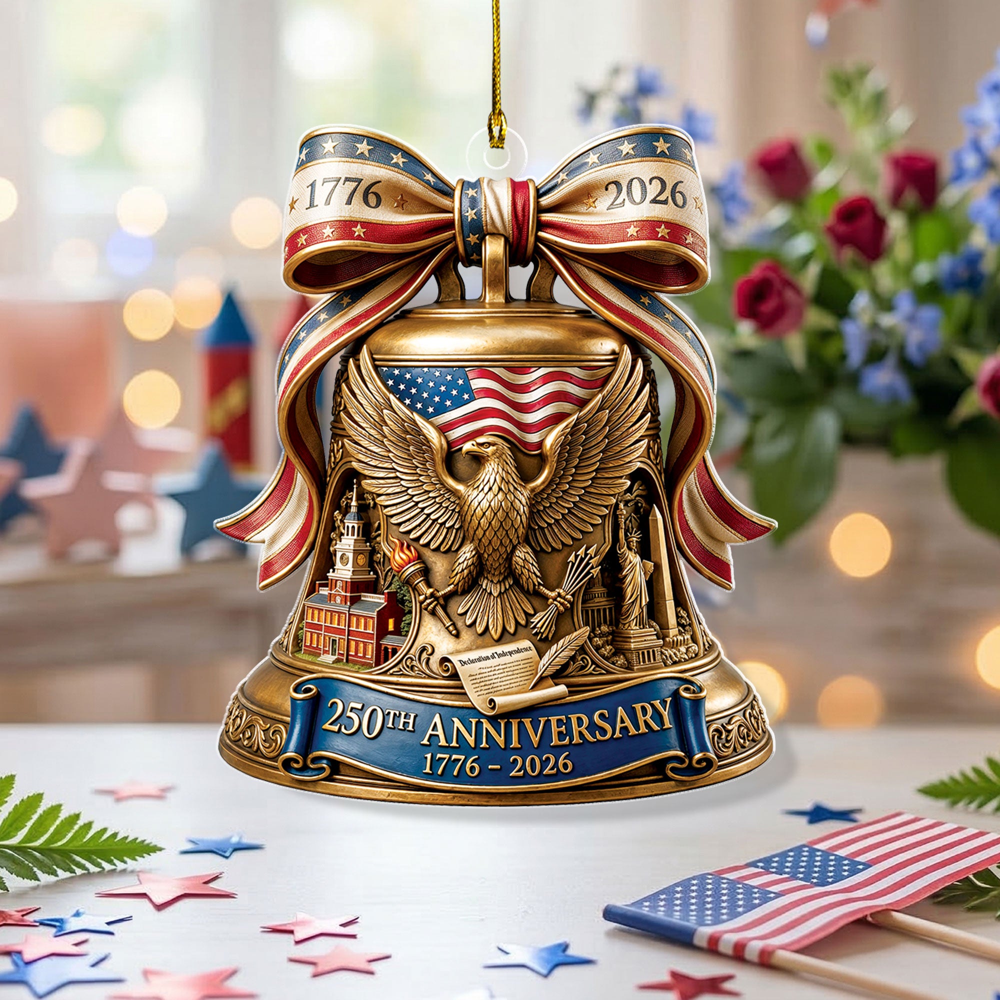 250th Anniversary 1776-2026 Liberty Bell Eagle Stars Bow Flat Acrylic Ornament Gift
