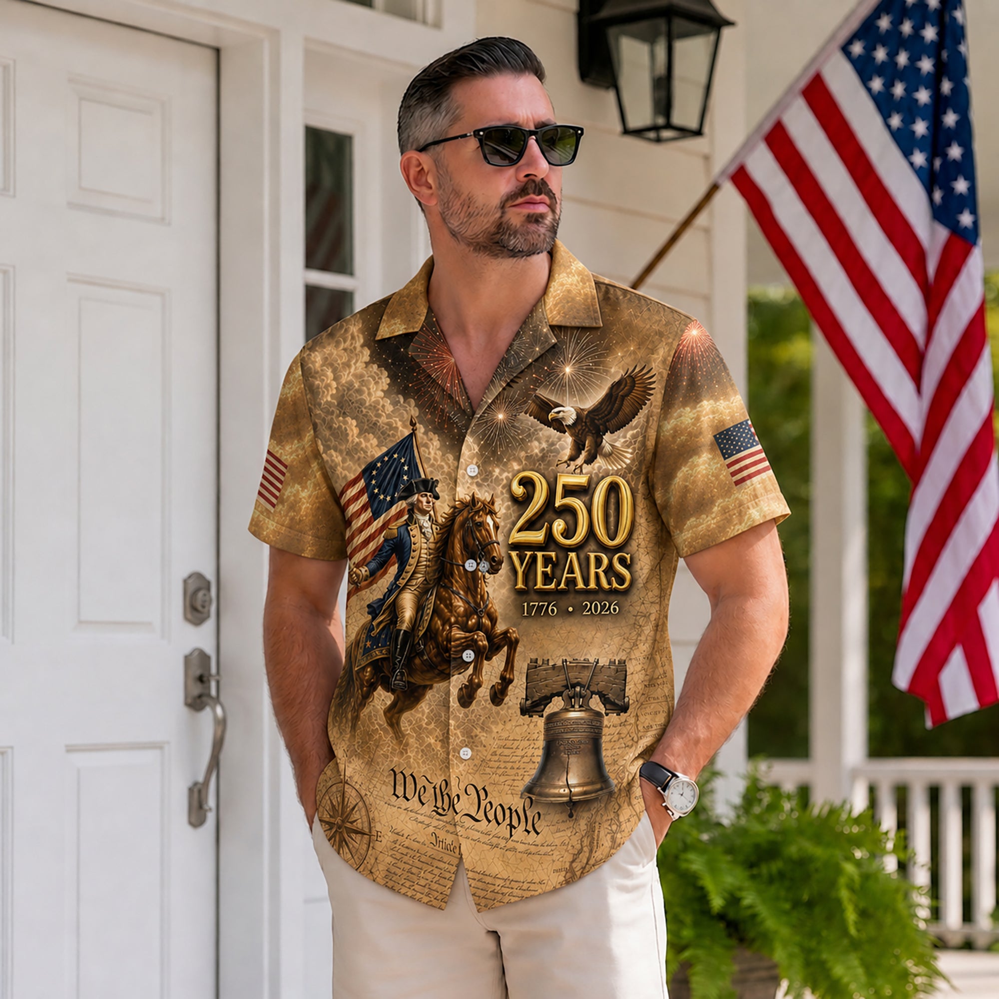 Hawaiian Shirt Patriotic 1776-2026 George Washington US Flag Liberty Bell