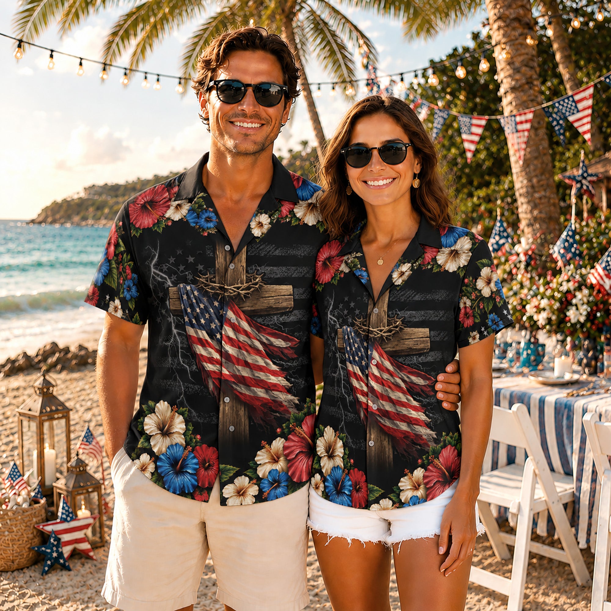 Hawaiian Shirt Christian Under God Cross US Flag 1776 2026 Patriotic Floral
