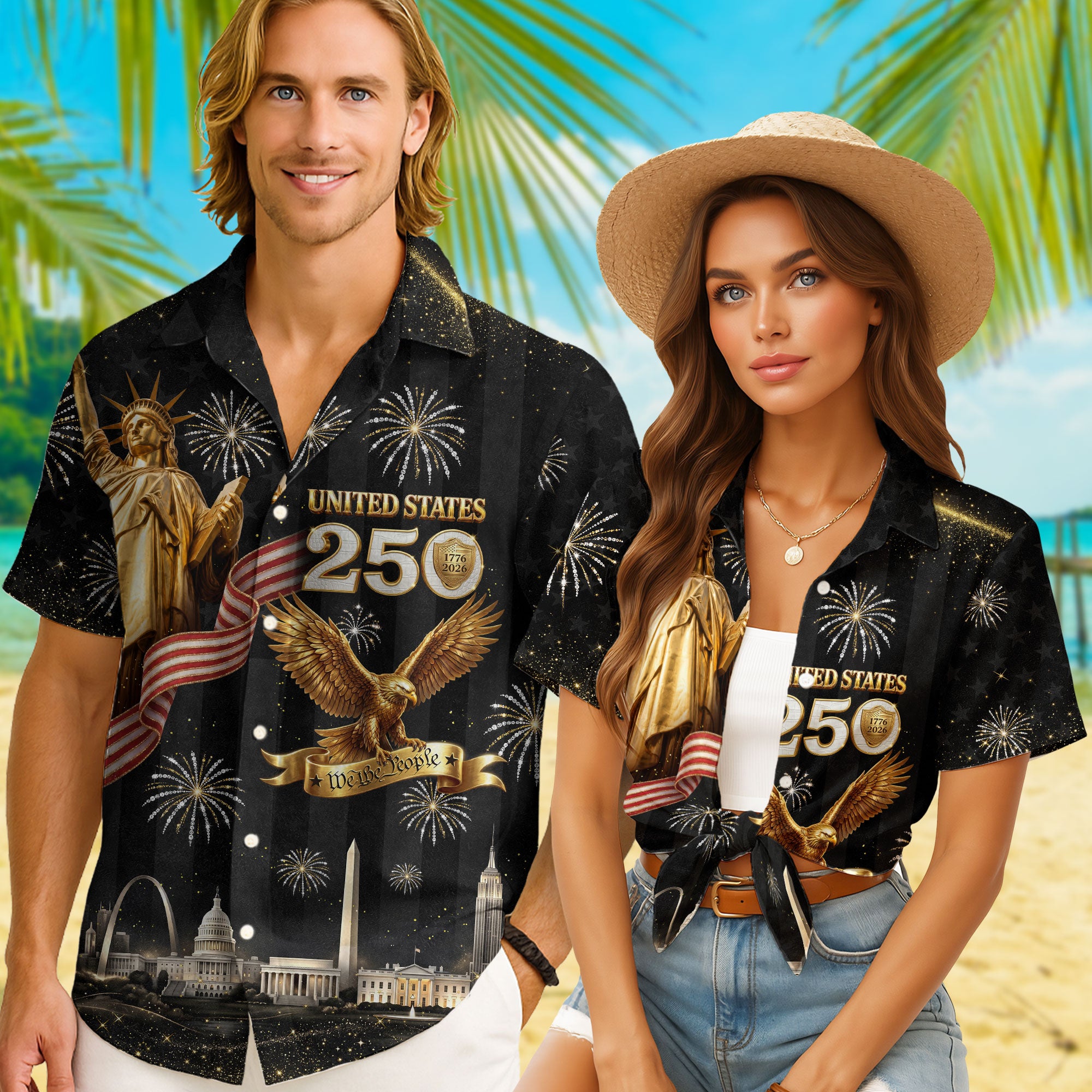 Hawaiian Shirt Statue of Liberty Fireworks 1776 2026 Patriotic US 250th Anniversary