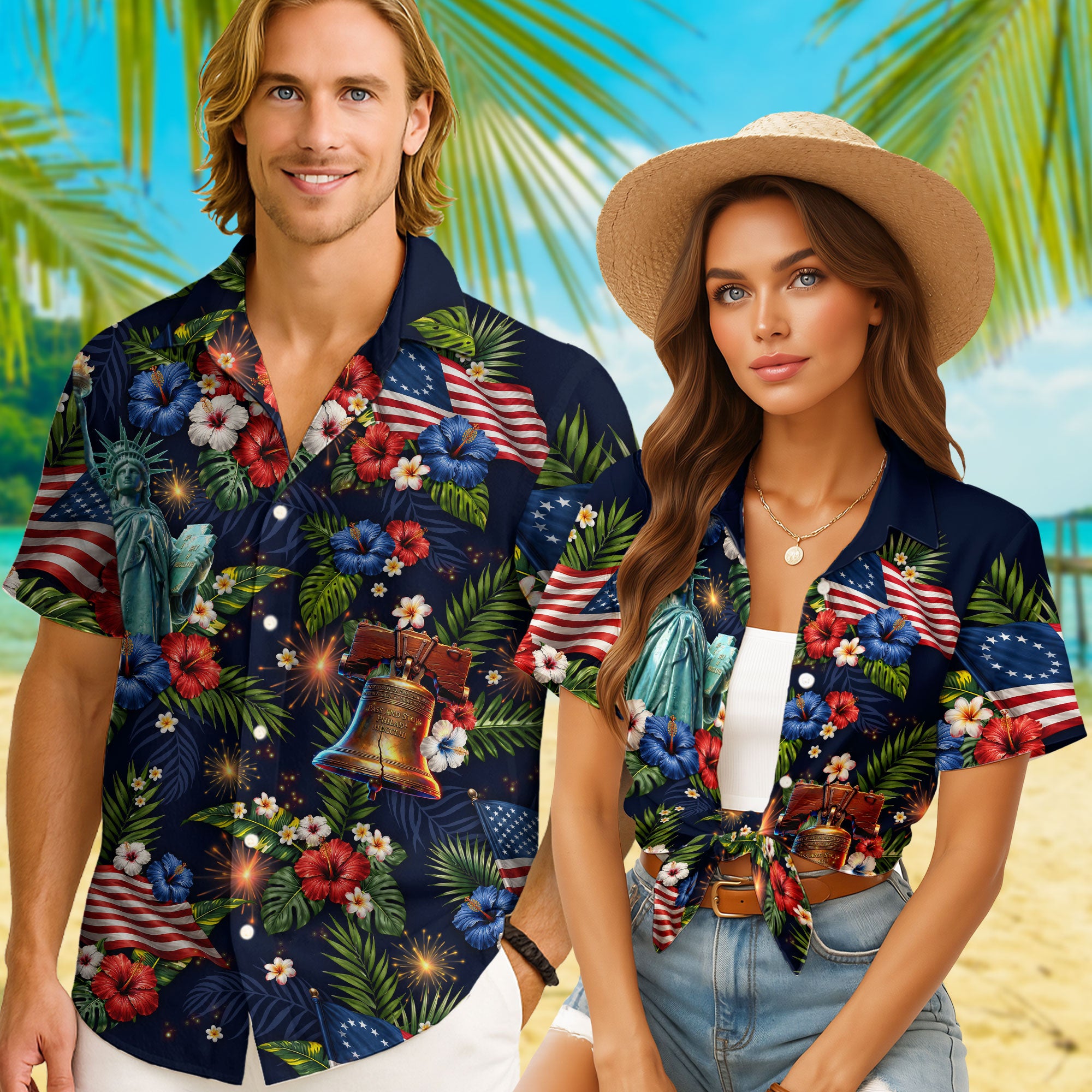 Hawaiian Shirt Patriotic US Flag Hibiscus Floral Eagle Liberty Bell Independence Day