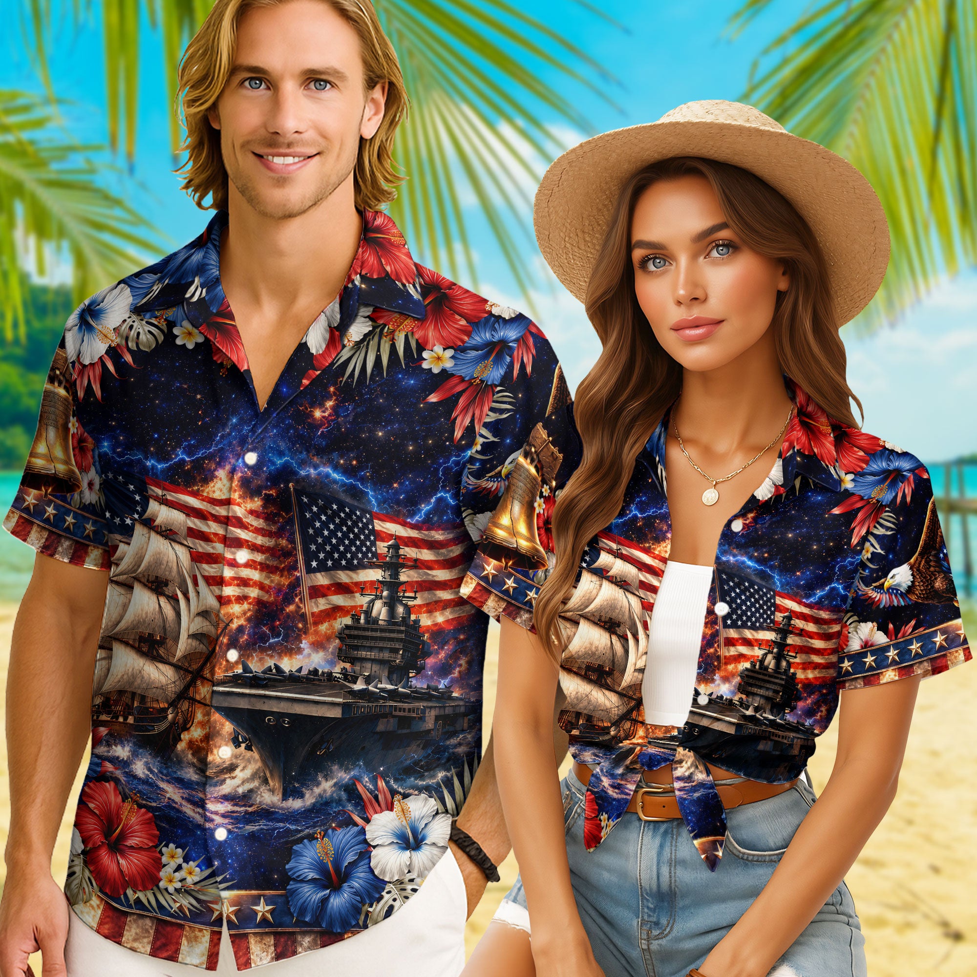 Patriotic 250 Years Hawaiian Shirt American Flag Battleship Summer Vacation Gift