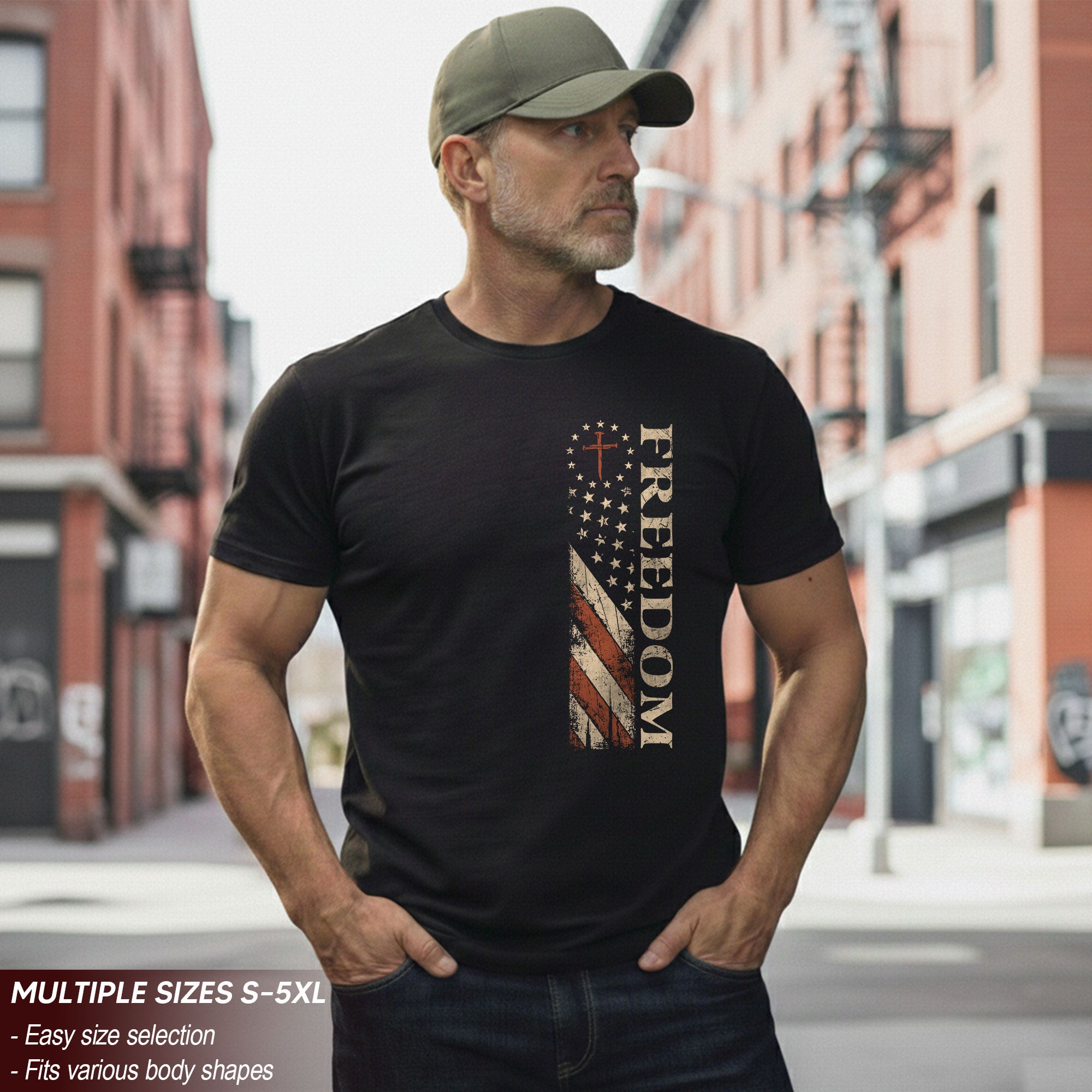 Vintage Freedom 2D Eagle Cross T-Shirt - Retro US Flag Graphic Tee & Patriotic Wooden Cross