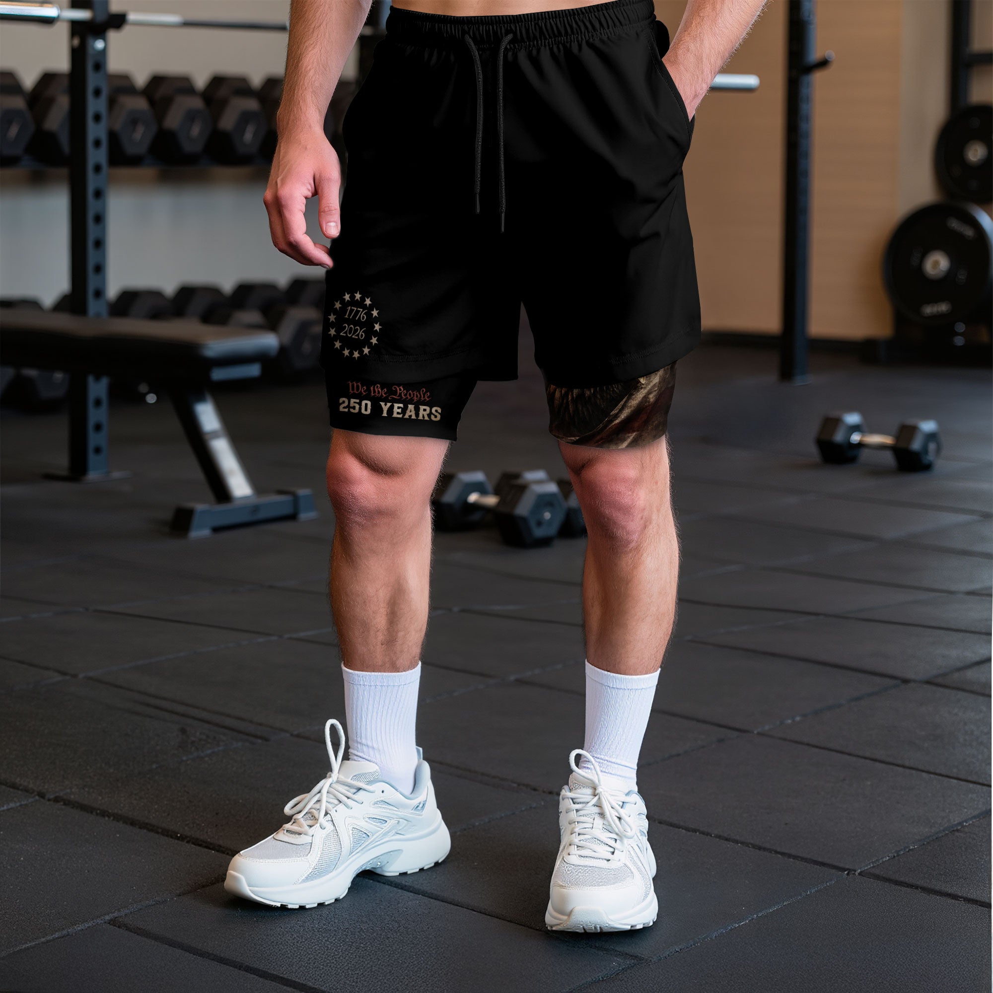 Gym Shorts Men Patriotic 1776 2026 We The People Freedom Eagle Compression Mesh