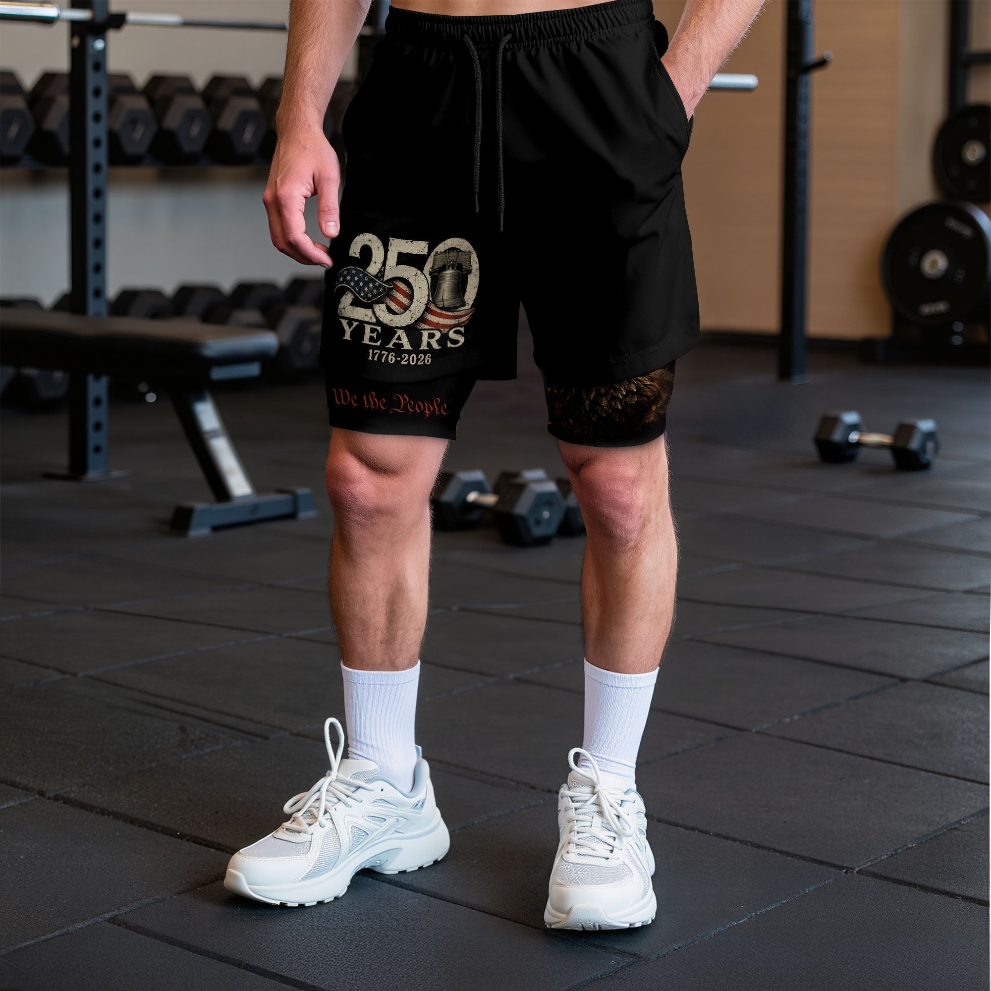 Gym Shorts Men Patriotic Liberty Bell Eagle 1776 2026 We The People Mesh Workout