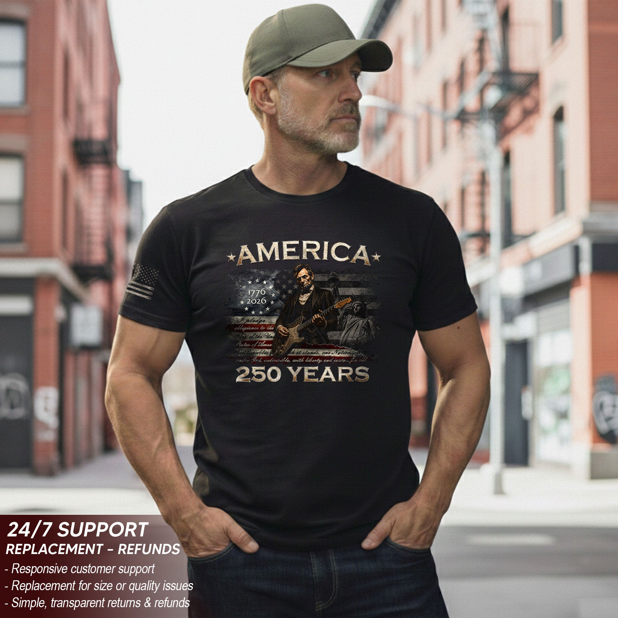 1776 2026 Shirt Vintage Abraham Lincoln Playing Guitar US Flag Patriotic 250 Years Tee