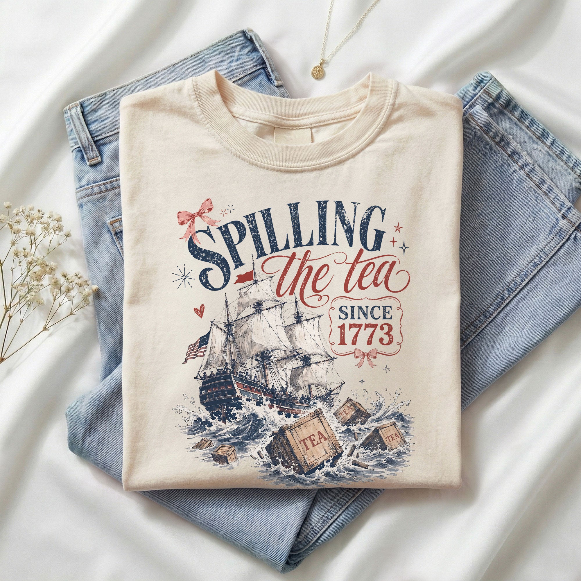Spilling The Tea Since 1773 Shirt Cute Coquette Bow Graphic Tee Boston Tea Party Top
