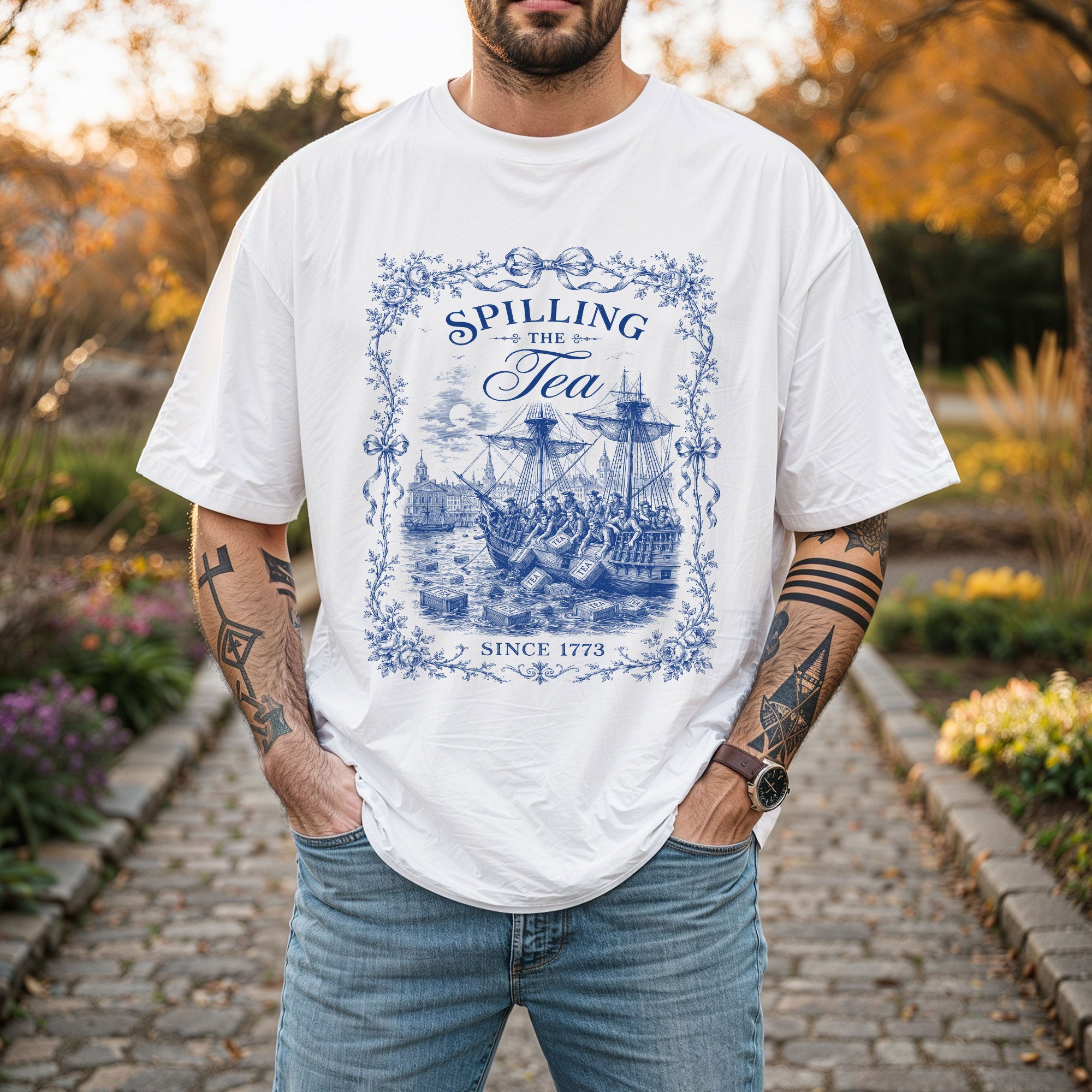 Spilling The Tea Since 1773 Shirt Vintage Blue Floral Tee Classic Boston Tea Party Top