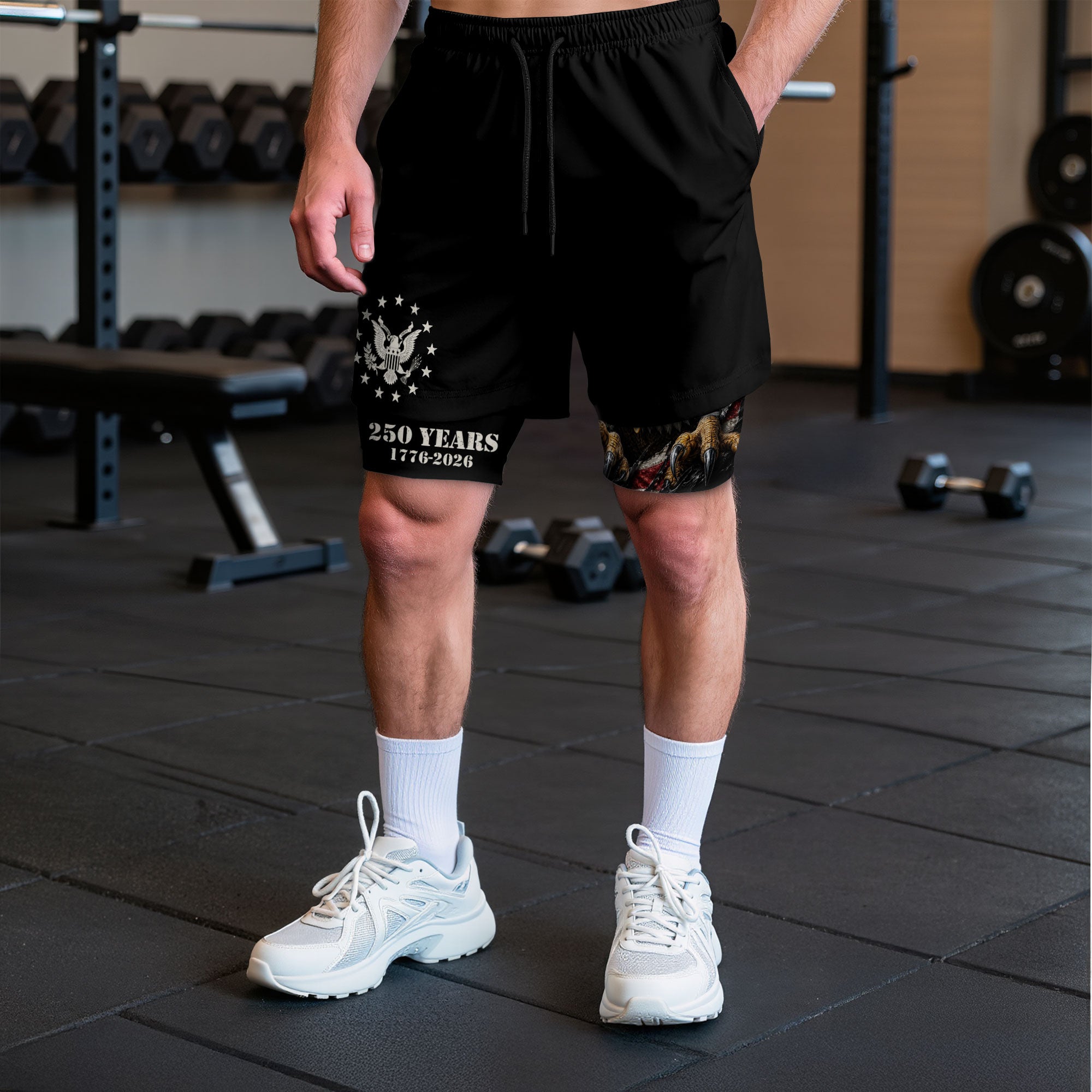 250 Years Eagle Gym Shorts 1776-2026 Patriotic American Flag Workout Shorts
