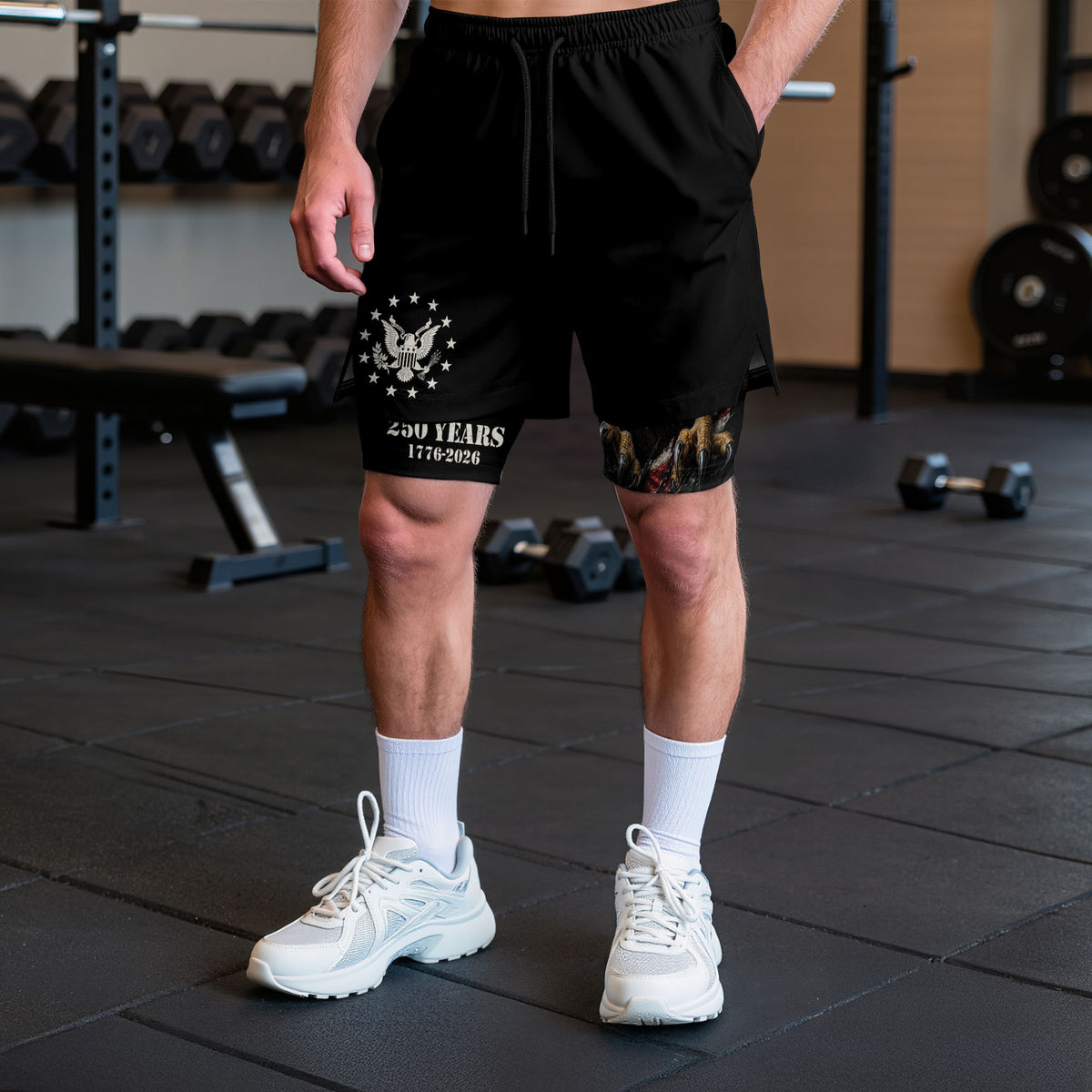 250 Years Eagle Gym Shorts 1776-2026 Patriotic American Flag Workout Shorts upsale - Rust Field Wear