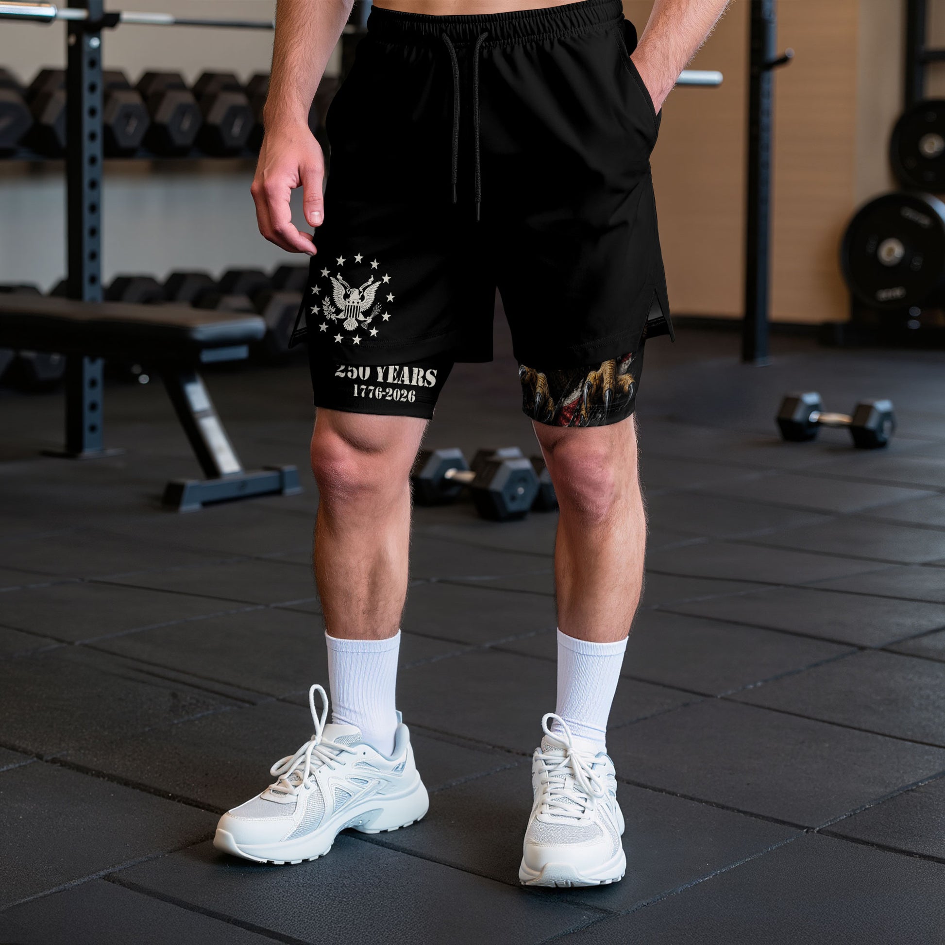 250 Years Eagle Gym Shorts 1776-2026 Patriotic American Flag Workout Shorts - Rust Field Wear