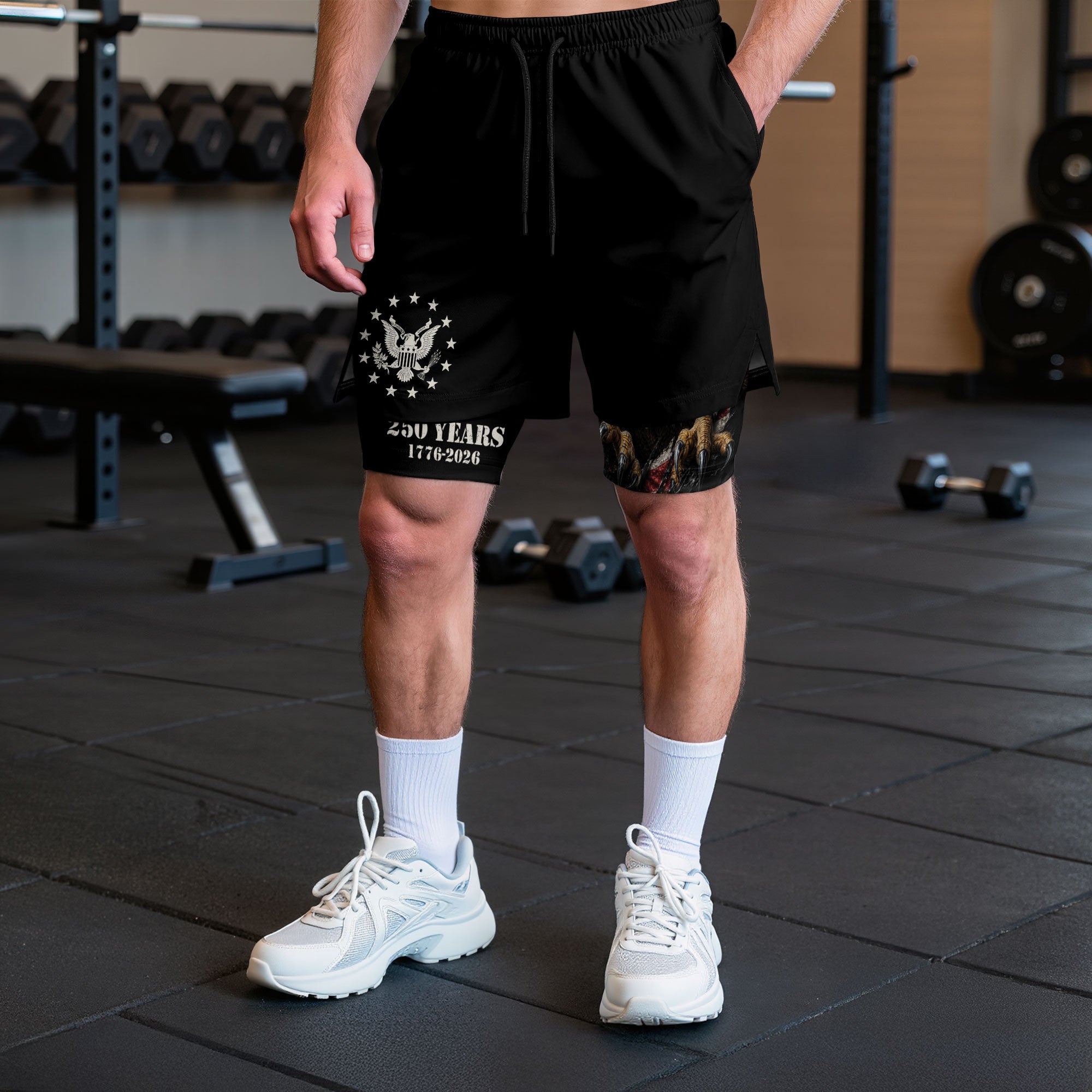 250 Years Eagle Gym Shorts 1776-2026 Patriotic American Flag Workout Shorts - Rust Field Wear