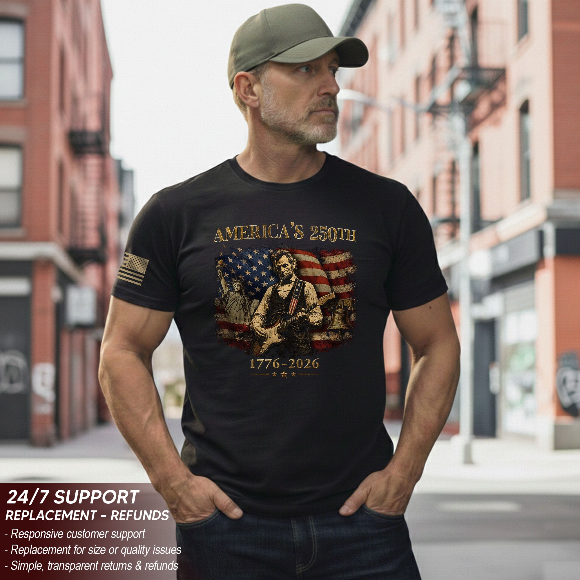 Liberty Bell Statue of Liberty Lincoln Guitar Shirt US Flag Patriotic 1776 2026 Tee