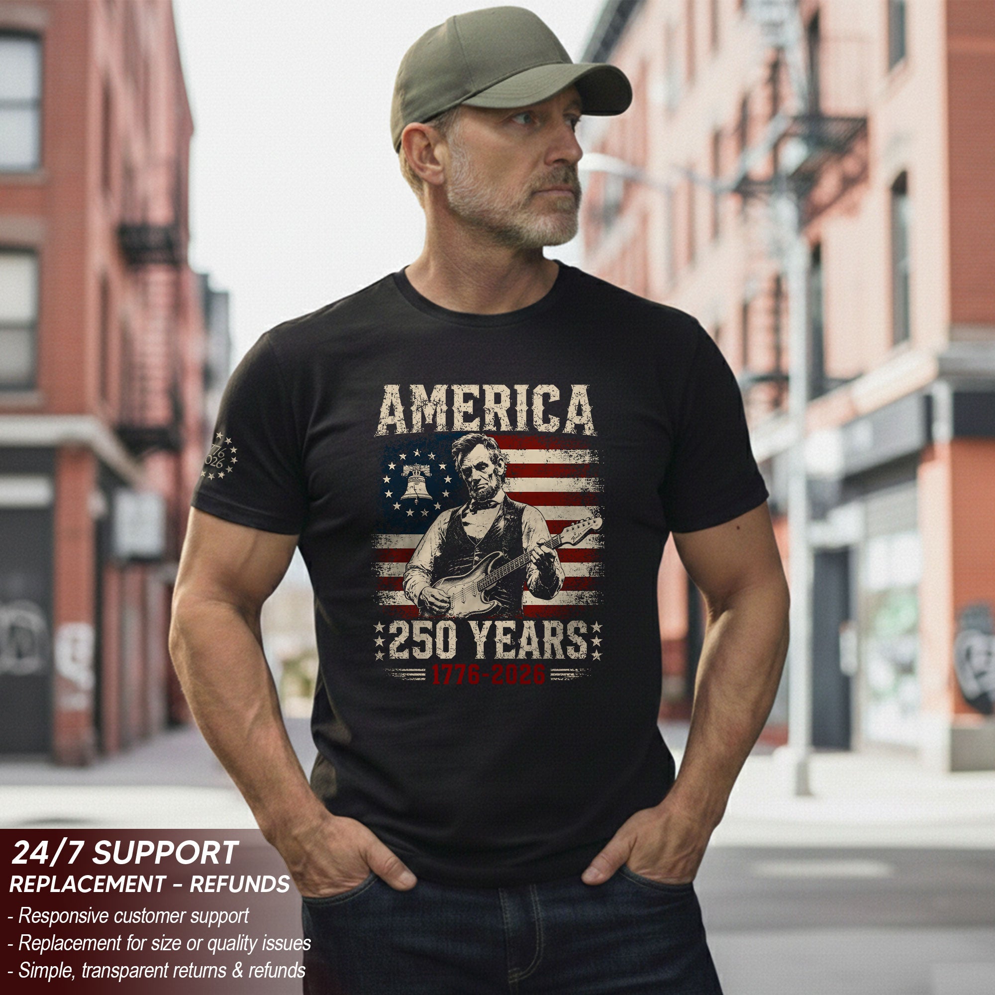 Liberty Bell Abraham Lincoln Guitar Shirt Vintage 1776 2026 US Flag Patriotic Men Tee