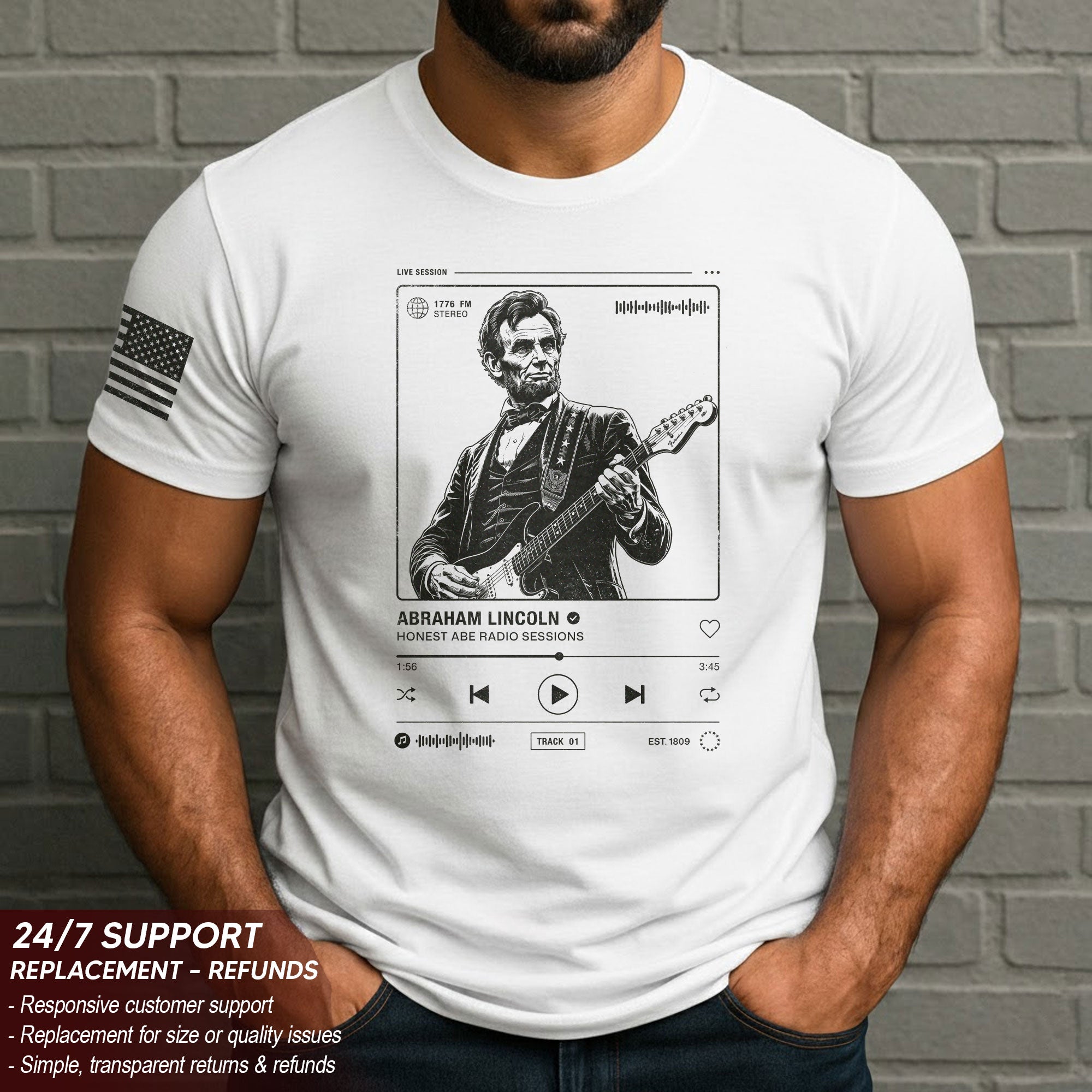 Abraham Lincoln Guitar Shirt Music Player Graphic Tee Patriotic Sketch Shirt
