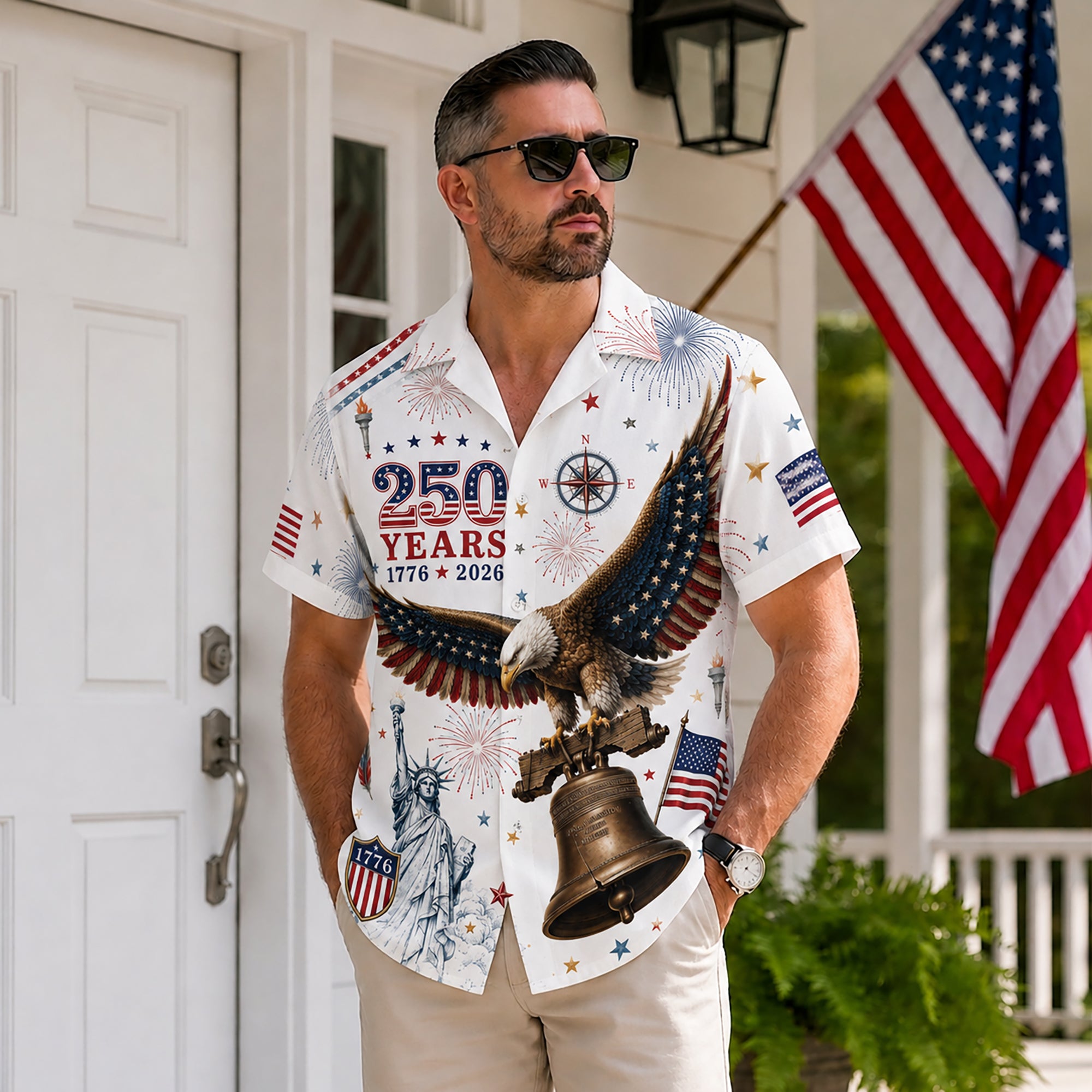 Hawaiian Shirt 4th of July Independence Day US Patriotic Eagle Graphic Button Down