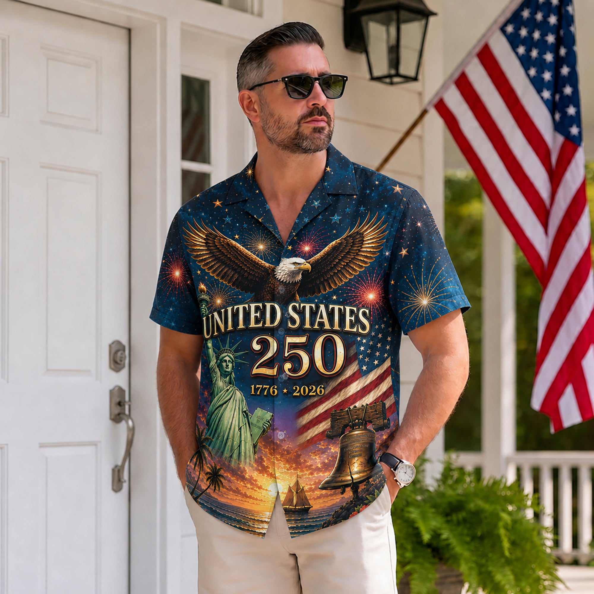Hawaiian Shirt 250th Anniversary Patriotic US Flag Liberty Bell Gift For Men Women
