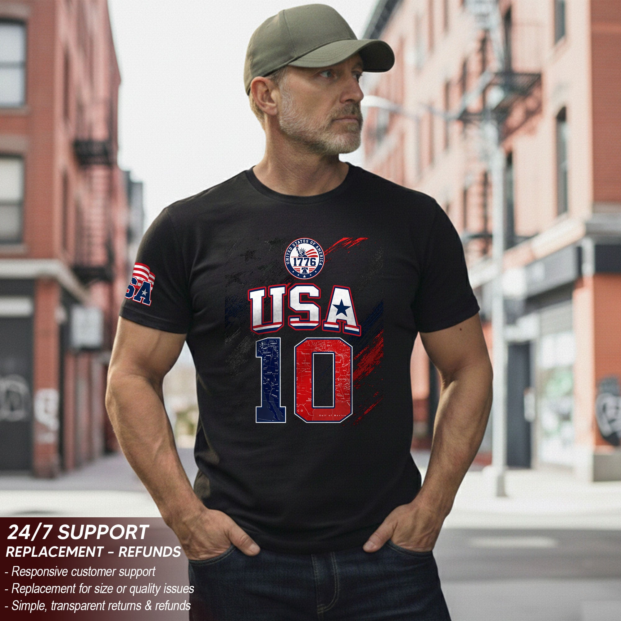 USA 1776 Sport Graphic Tee Patriotic Number 10 Map Design Casual Short Sleeve Shirt