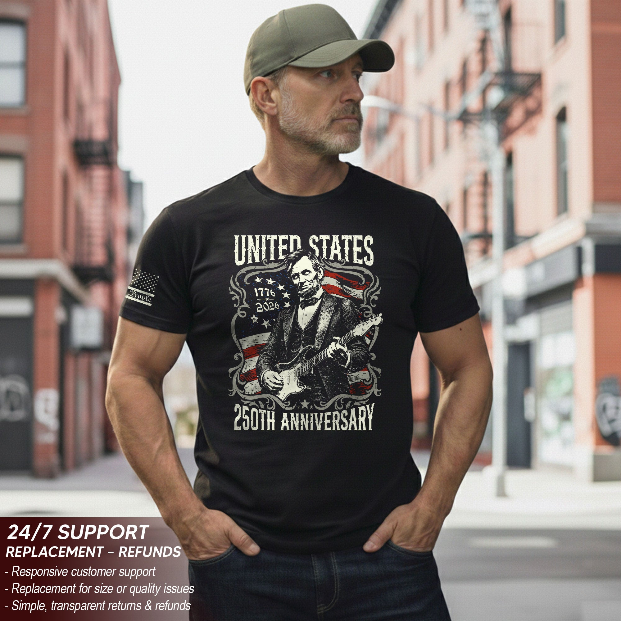 United States 250th Anniversary Shirt Abraham Lincoln Rock Guitar Patriotic Apparel