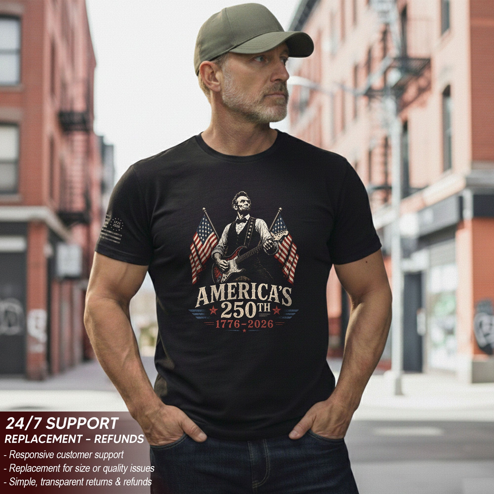 Mens T Shirt Patriotic Abraham Lincoln Guitar 1776-2026 250th Anniversary Rock Tee