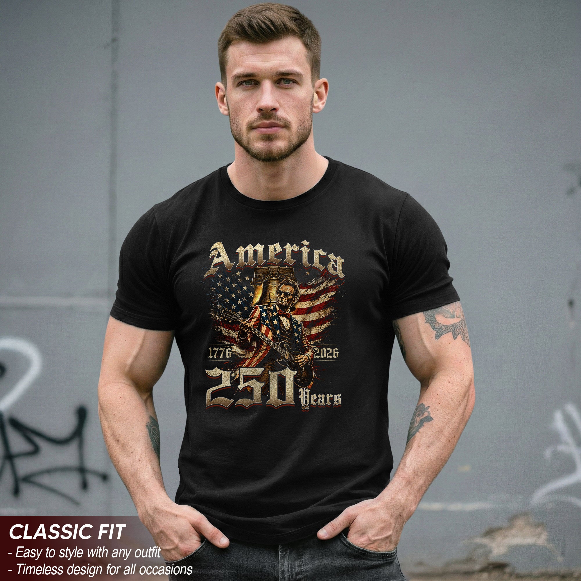 Lincoln Rock Guitar Patriotic T-Shirt - Vintage 1776 2026 Liberty Bell Graphic Tee