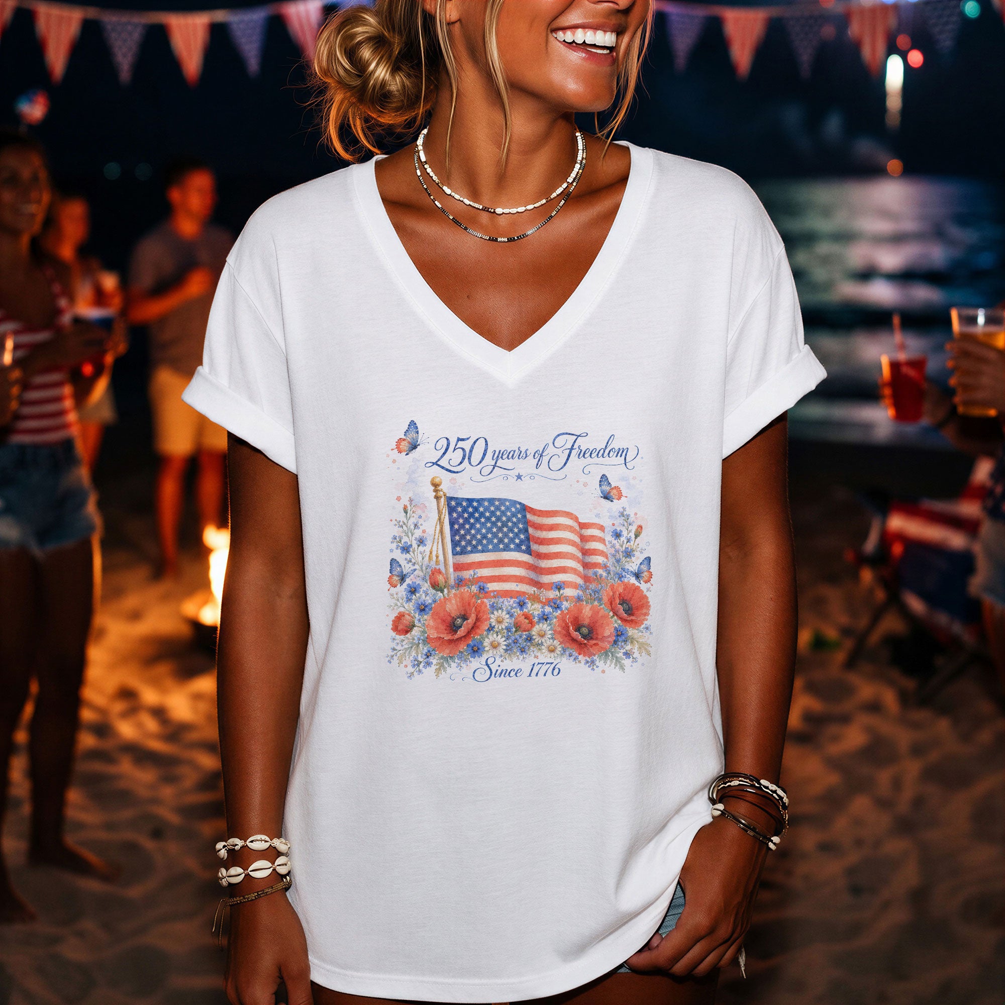 American Flag Floral V-Neck Shirt - 250 Years of Freedom Patriotic Graphic Tee Women