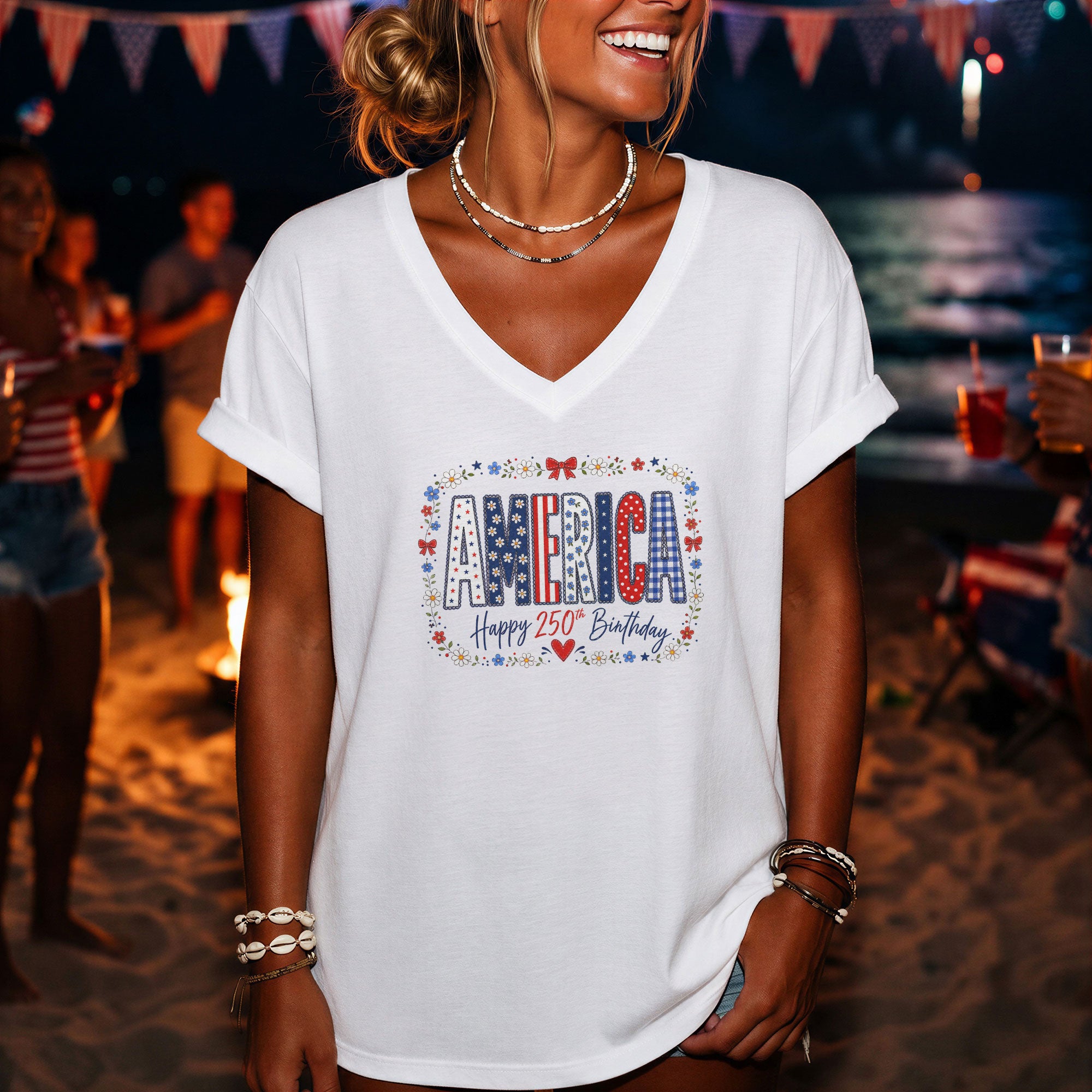 Happy 250th Birthday V-Neck Shirt - Patriotic American Flag Pattern Graphic Tee Women