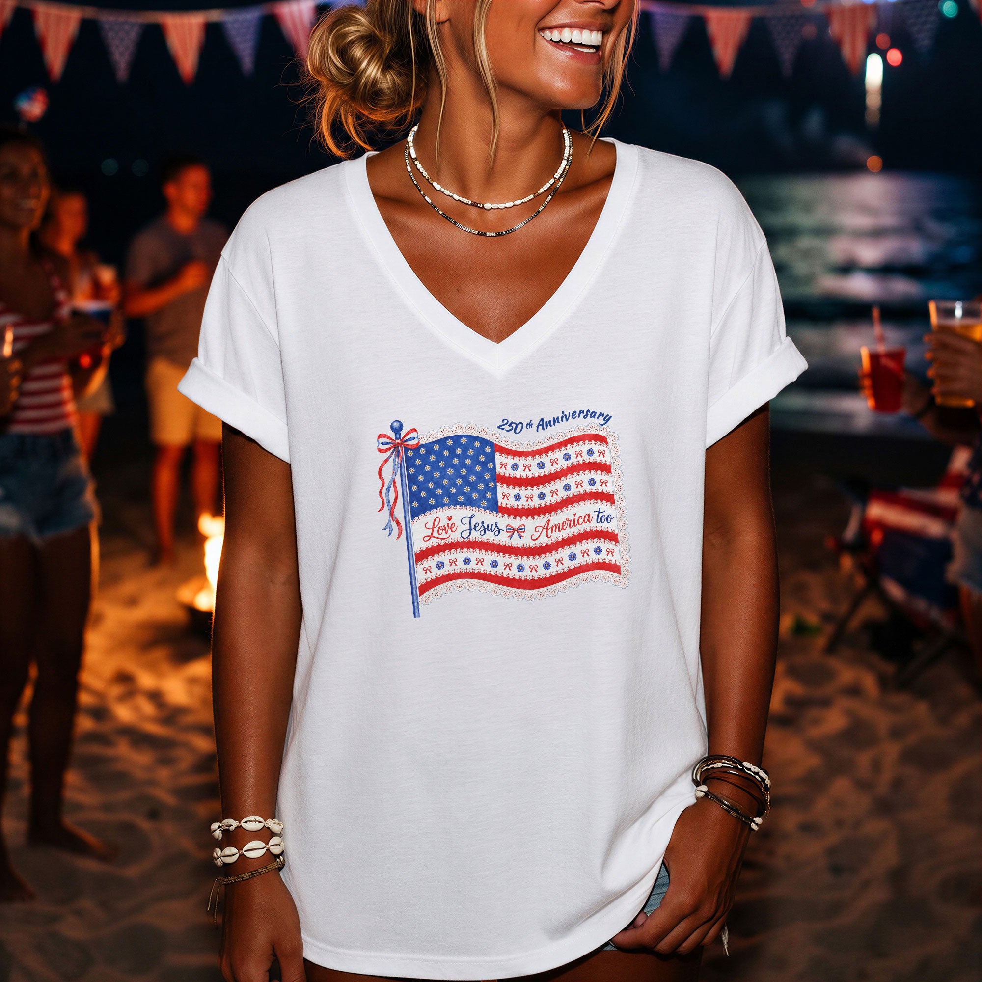 Love Jesus and America Too V-Neck Shirt - 250th Anniversary Patriotic Graphic Tee Women