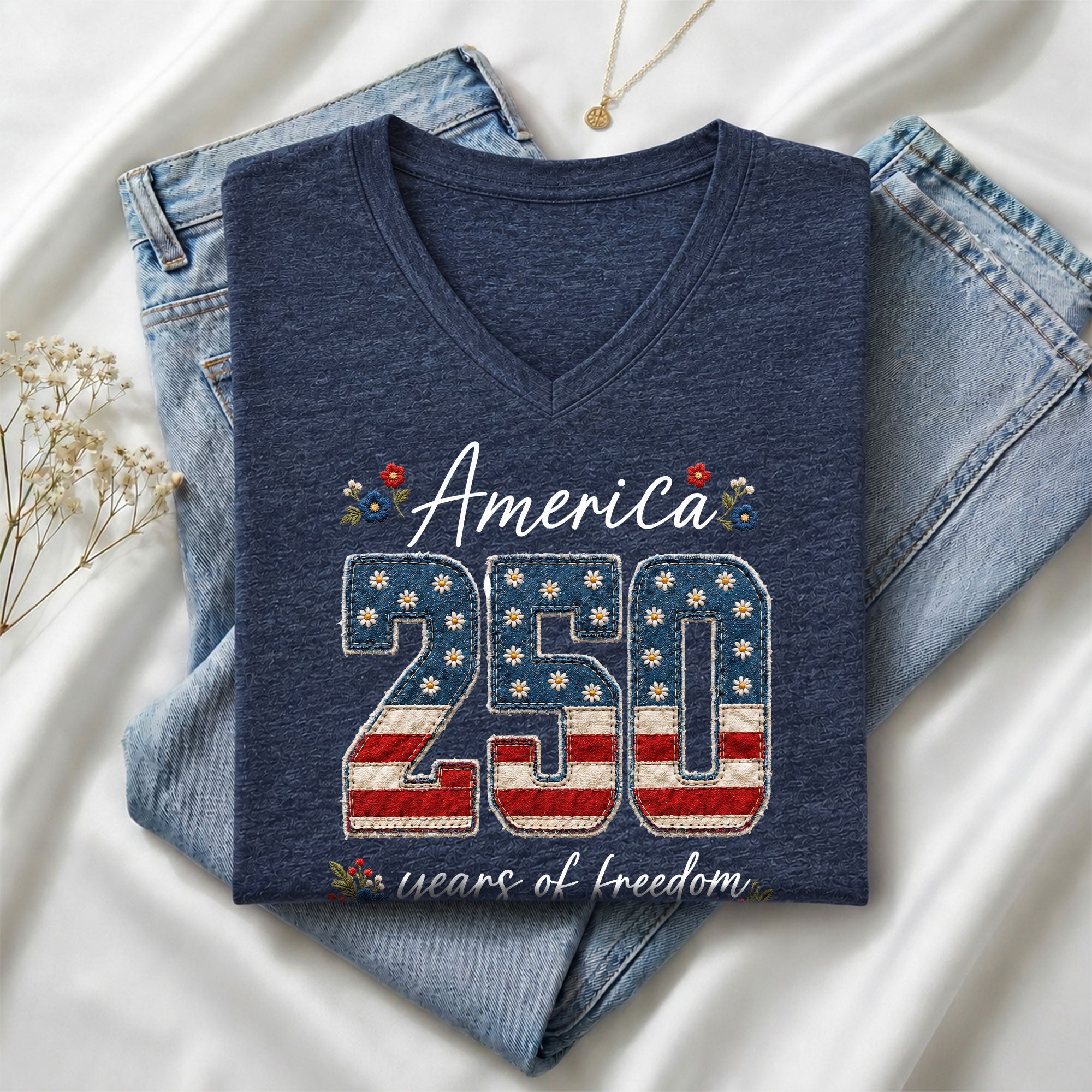 V-Neck 250 Years of Freedom Shirt - Patriotic 1776-2026 American Graphic Tee Women