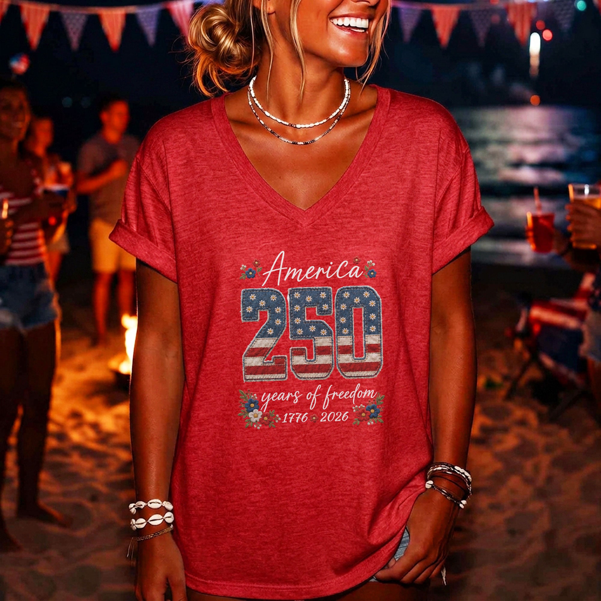 V-Neck 250 Years of Freedom Shirt - Patriotic 1776-2026 American Graphic Tee Women