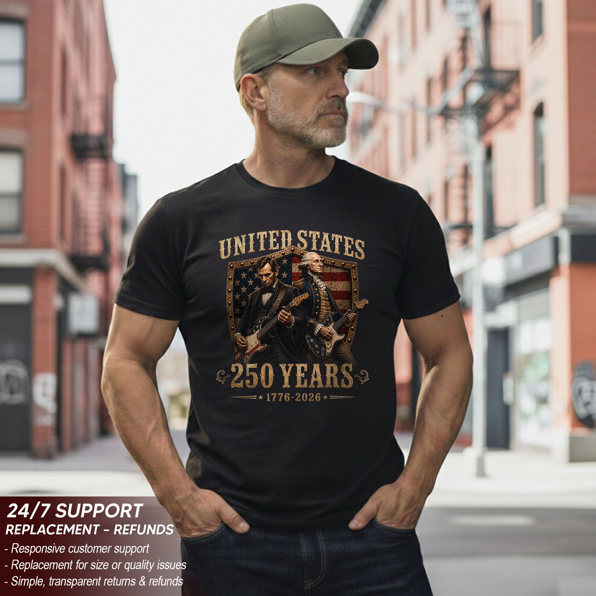 George Washington Abraham Lincoln Guitar T-Shirt 1776-2026 Patriotic 4th Of July Tee - Rust Field Wear