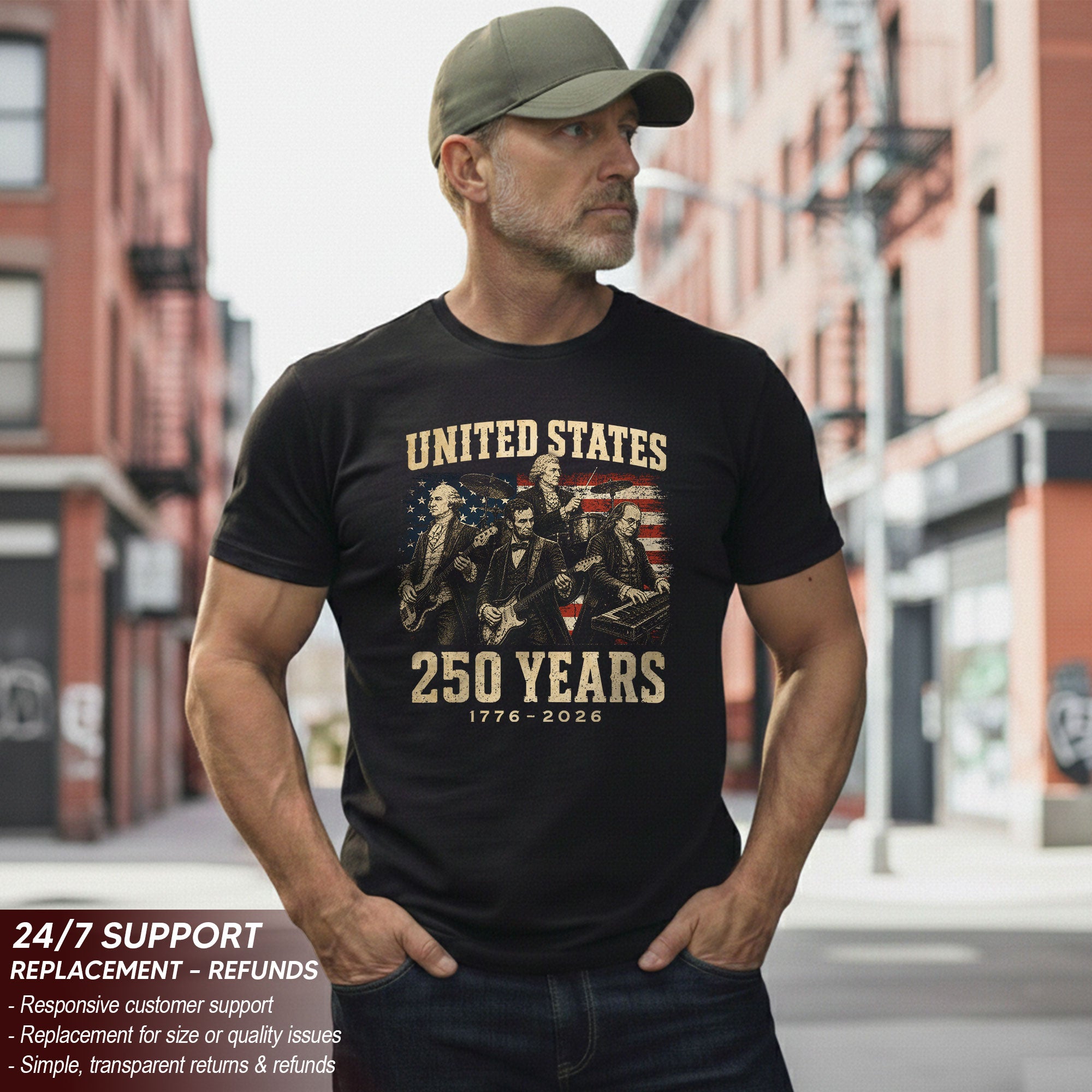 Founding Fathers Presidents Rock Band T-Shirt 250 Years Vintage 1776-2026 Patriotic - Rust Field Wear