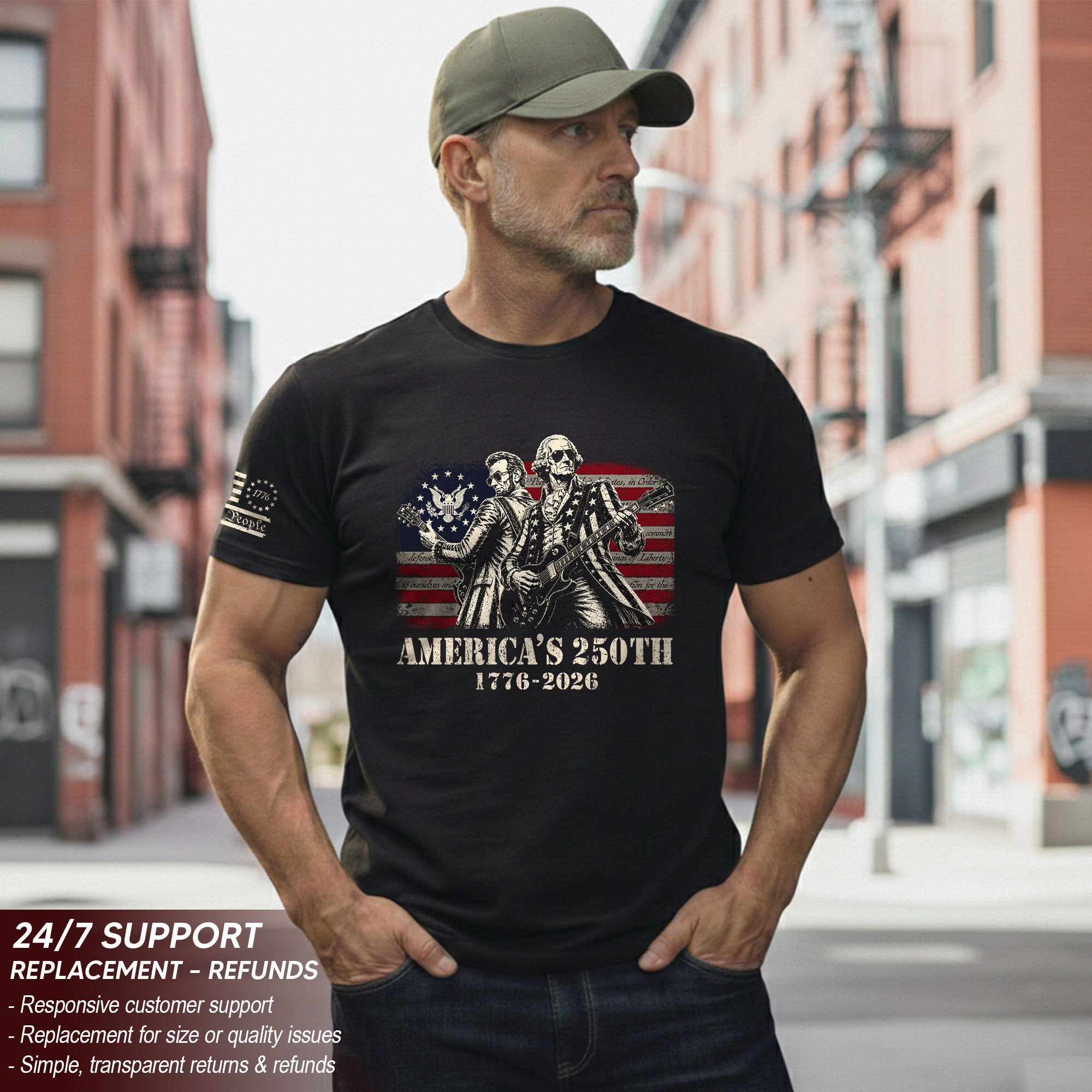 Historical Figures Guitar Hero Shirt 1776-2026 Patriotic Graphic Tee Anniversary Outfit