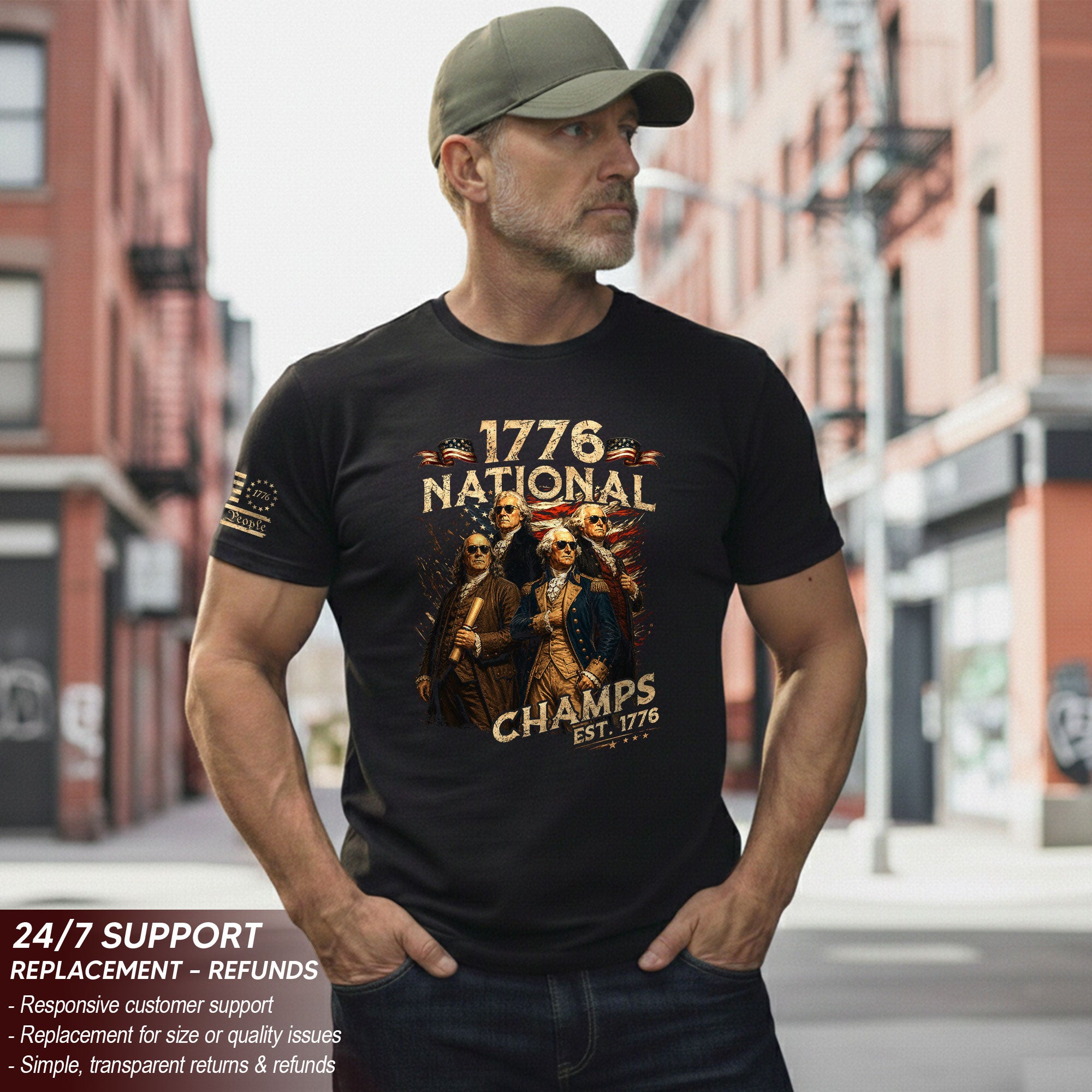1776 National Champs T-Shirt Patriotic Founding Fathers 4th of July Vintage Graphic Tee