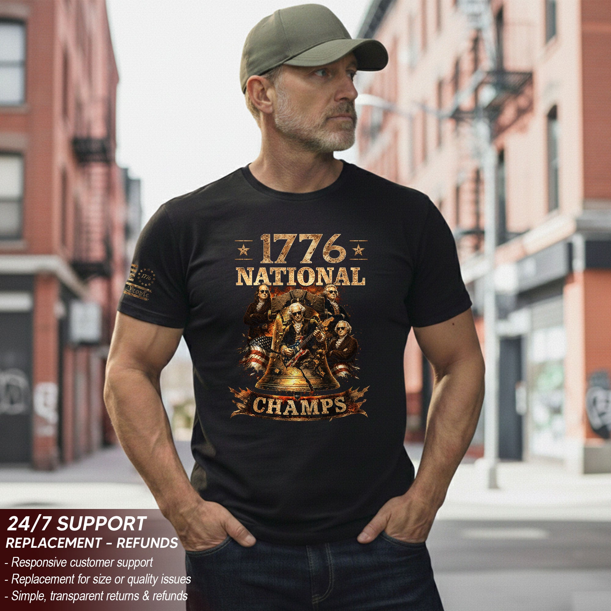 1776 National Champs T-Shirt Rock Liberty Bell US Founding Fathers Patriotic Graphic Tee