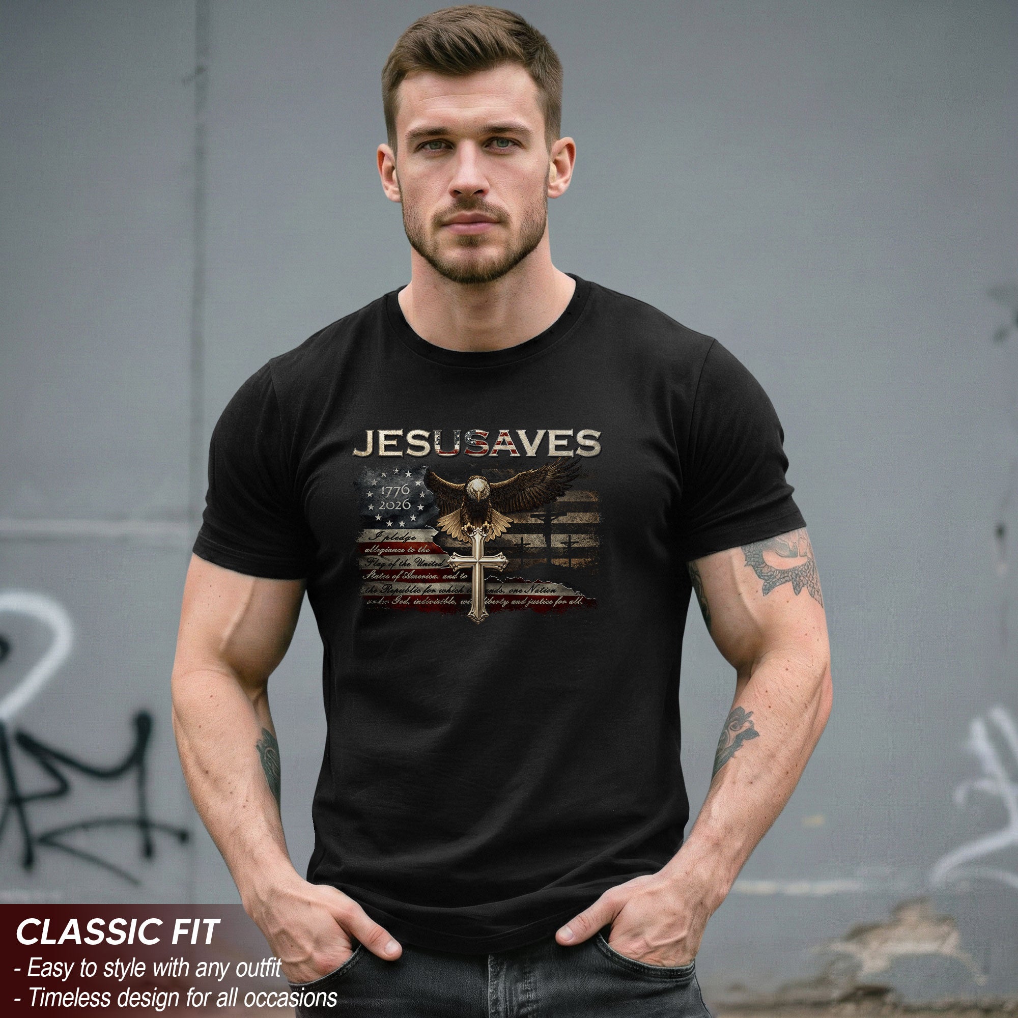 JESUSAVES Graphic T Shirt Patriotic American Eagle Cross Religious Faith Apparel